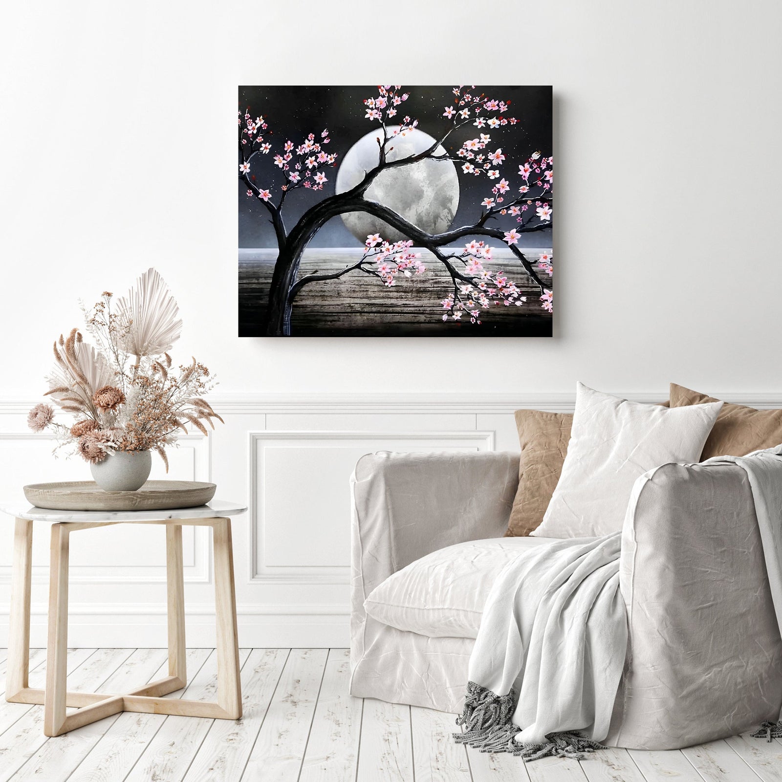 Cherry Trees under the Moon | Diamond Painting Displayed as Home Decor