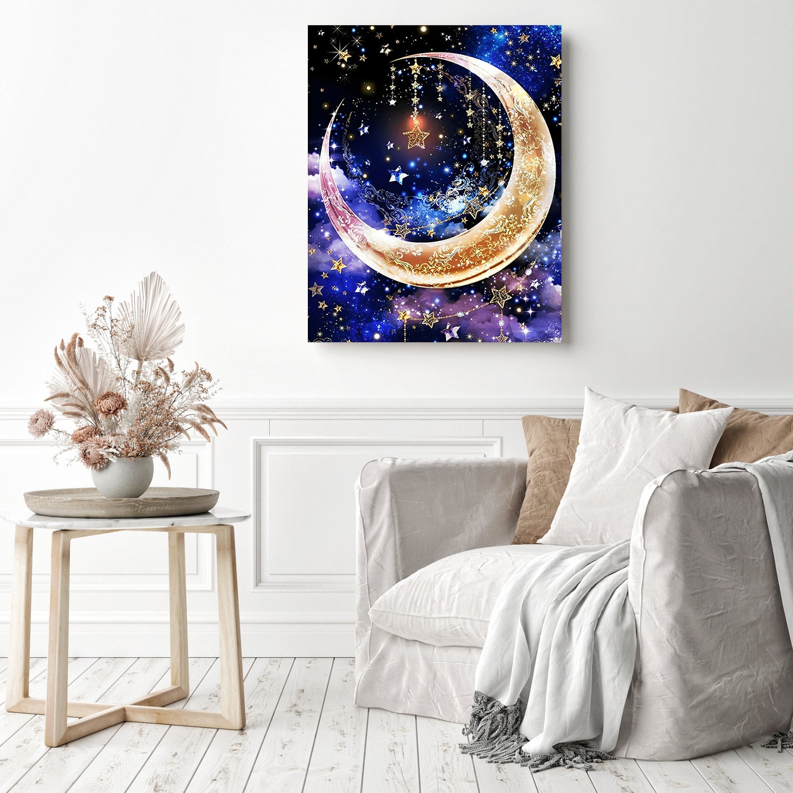 Moon and Stars | Diamond Painting Displayed as Home Decor