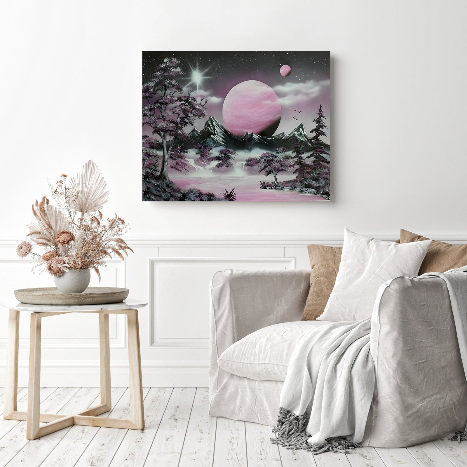 Pink Moon | Diamond Painting Displayed as Home Decor