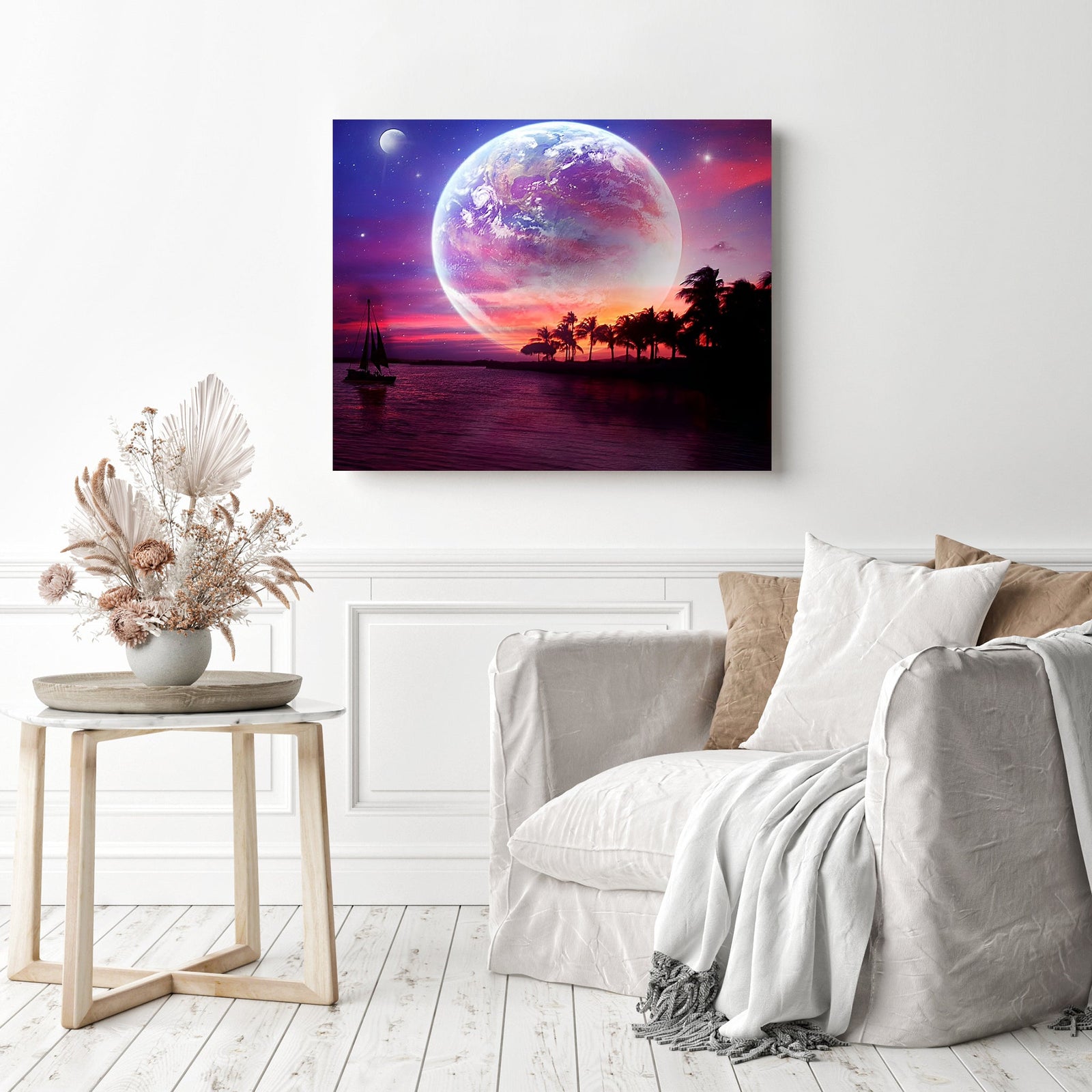 Planet Moon Night | Diamond Painting Displayed as Home Decor