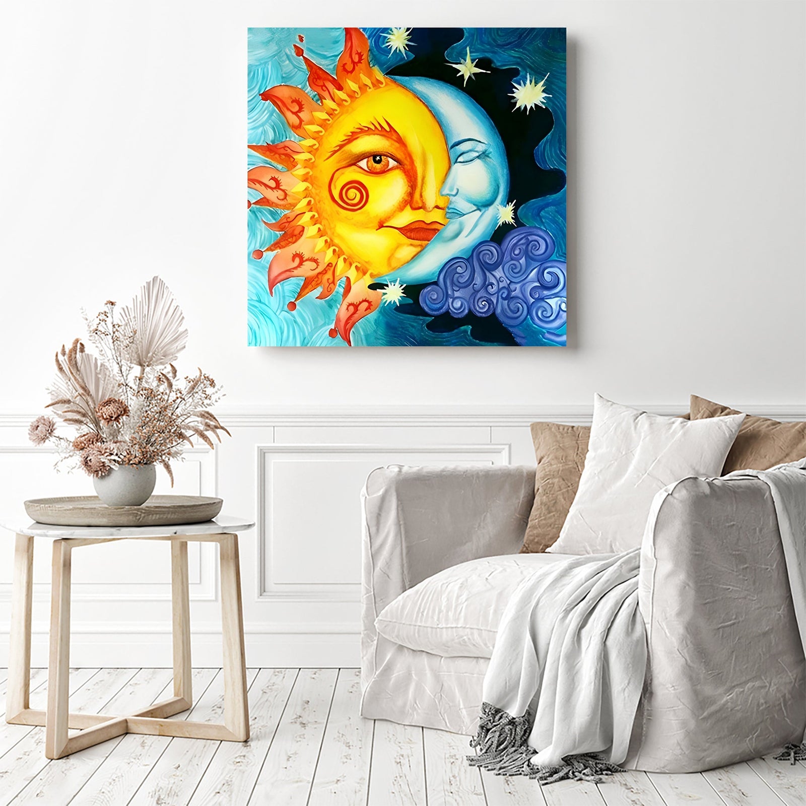 Celestial Sun and Moon | Diamond Painting Displayed as Home Decor