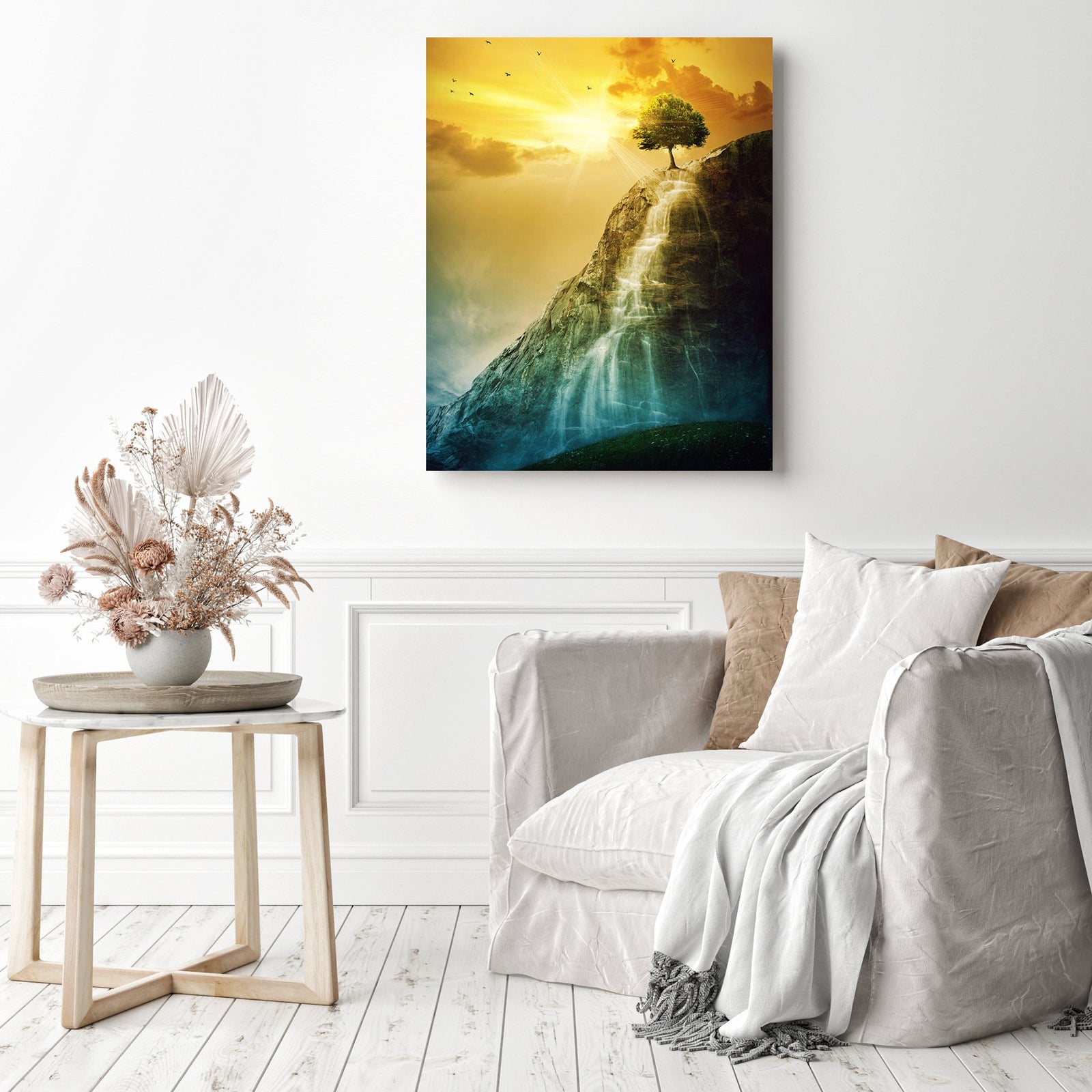 Tree Atop the Waterfall | Diamond Painting Displayed as Home Decor