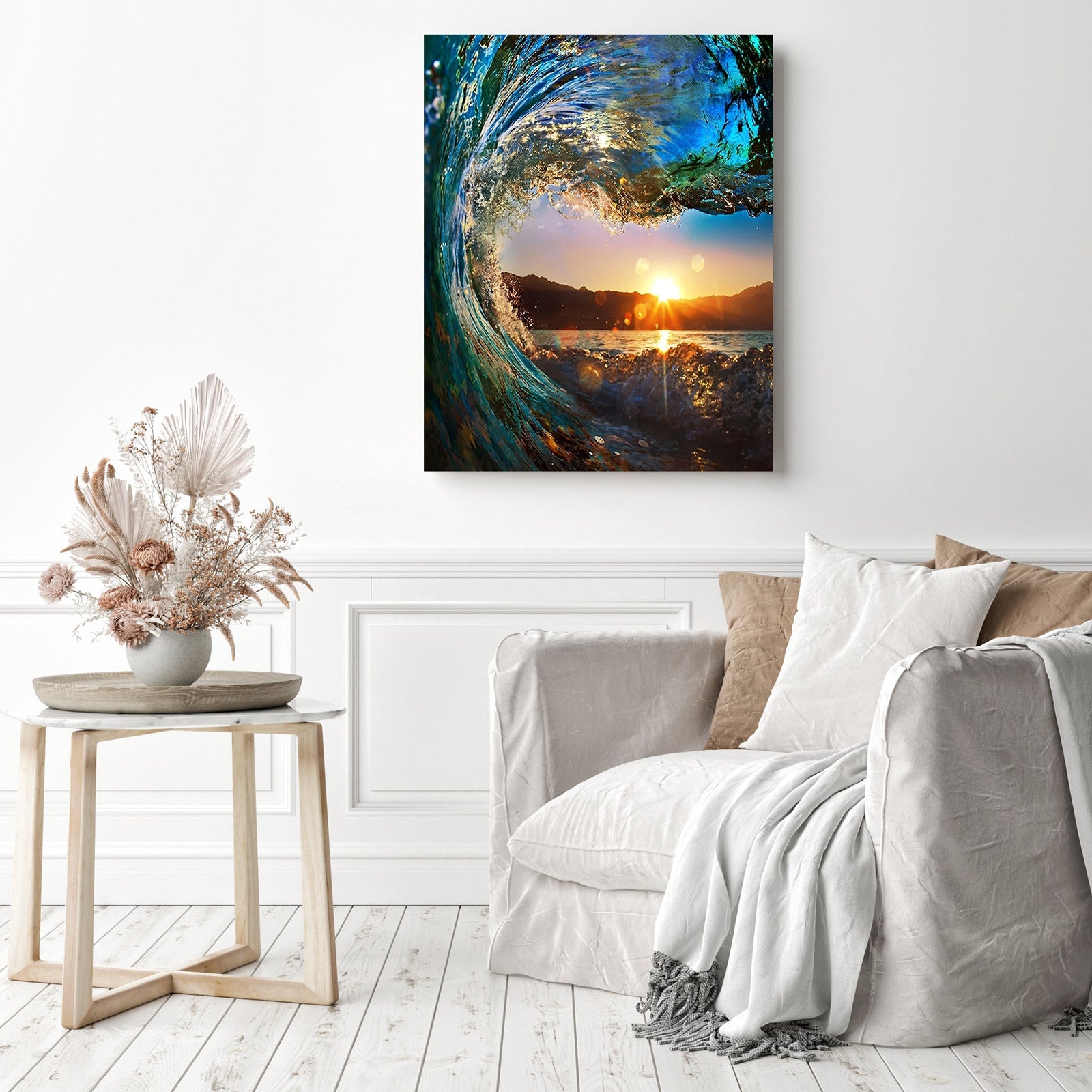 Sunset Ocean Wave | Diamond Painting Displayed as Home Decor