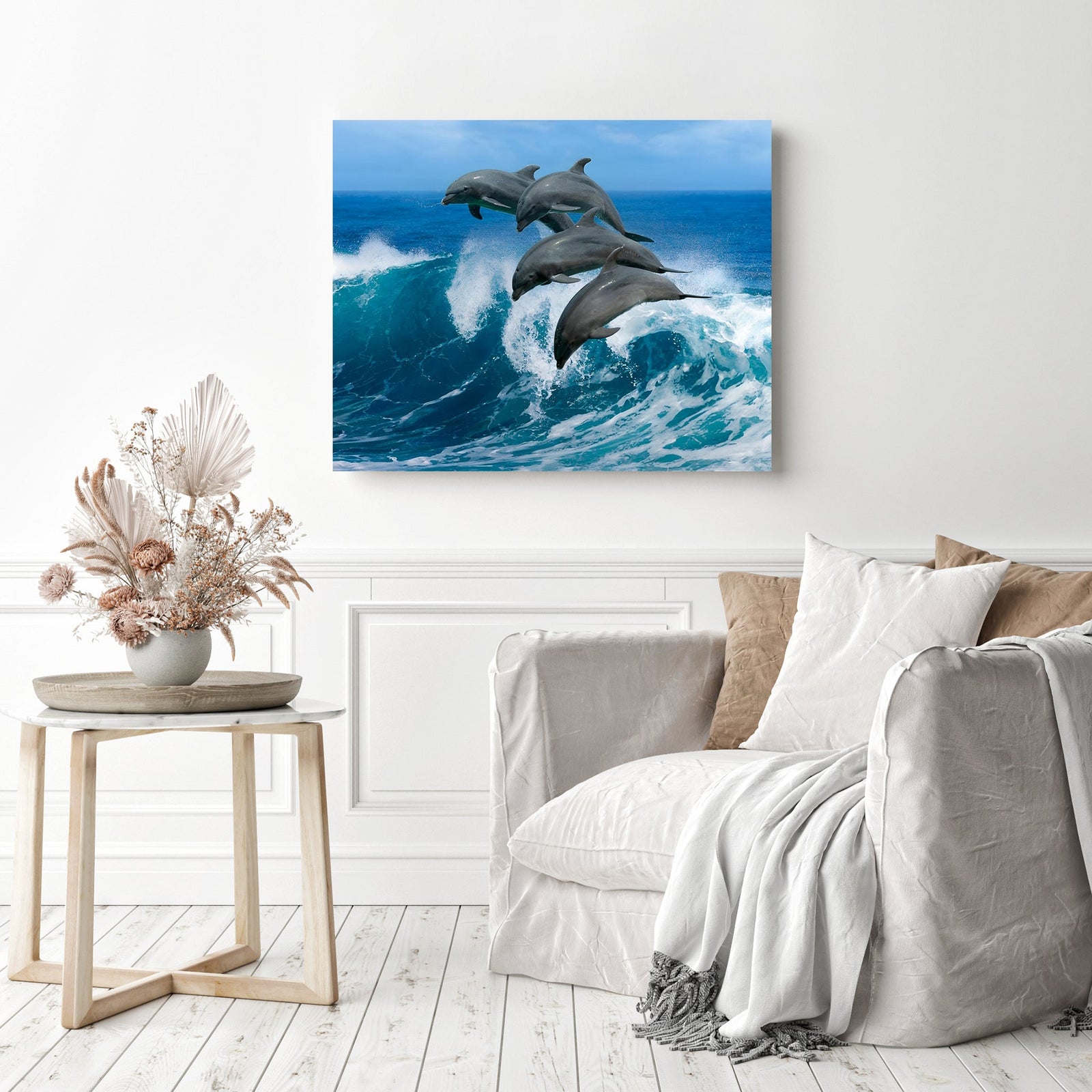 Dolphins Leaps | Diamond Painting Displayed as Home Decor