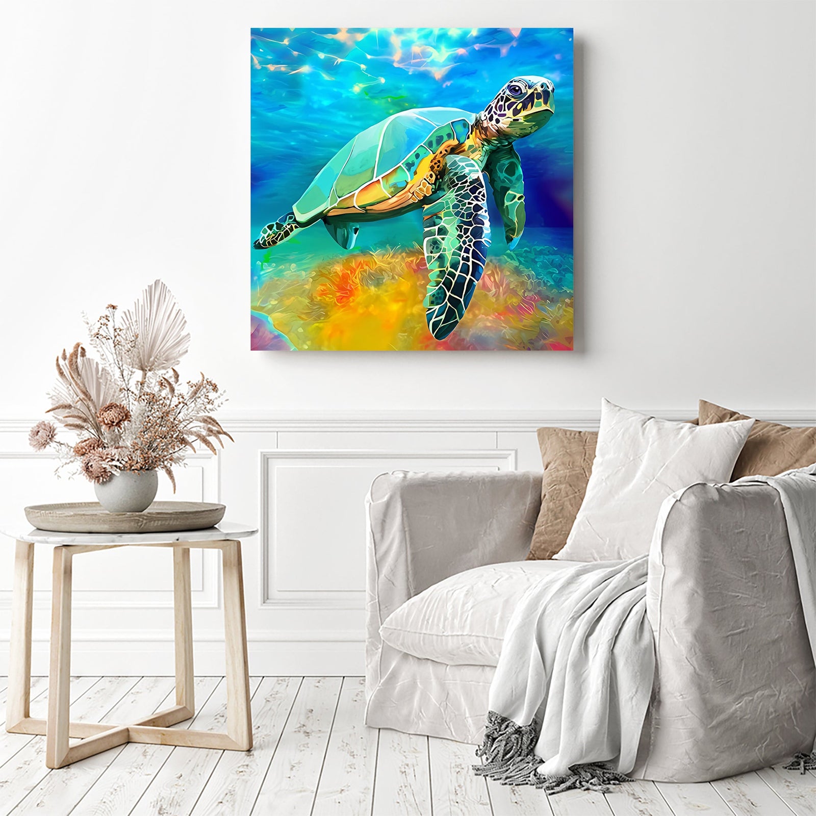 Sea Turtle Underwater | Diamond Painting Displayed as Home Decor