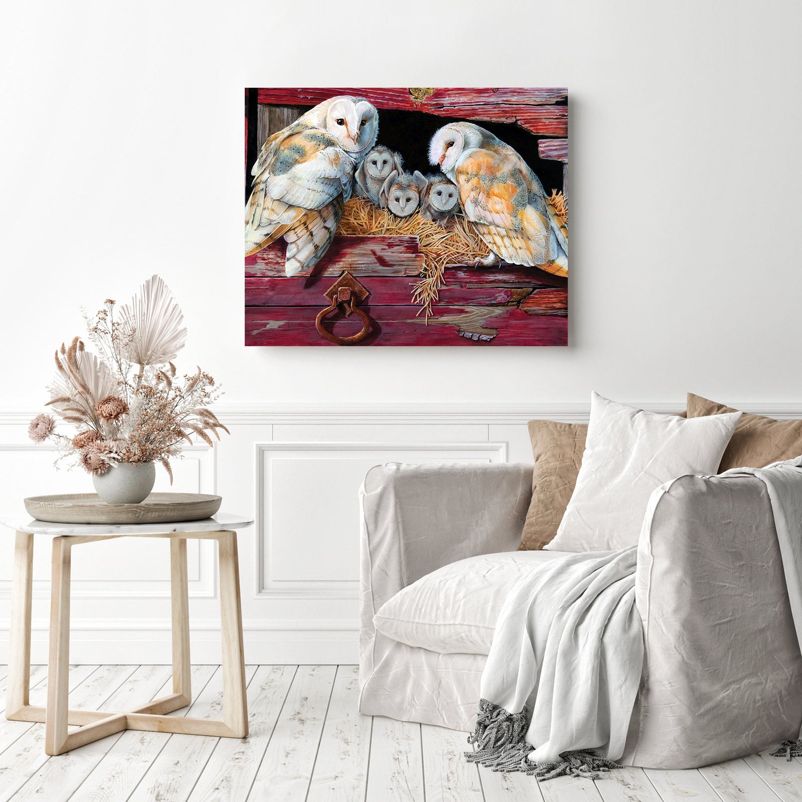 Owl Family | Diamond Painting Displayed as Home Decor