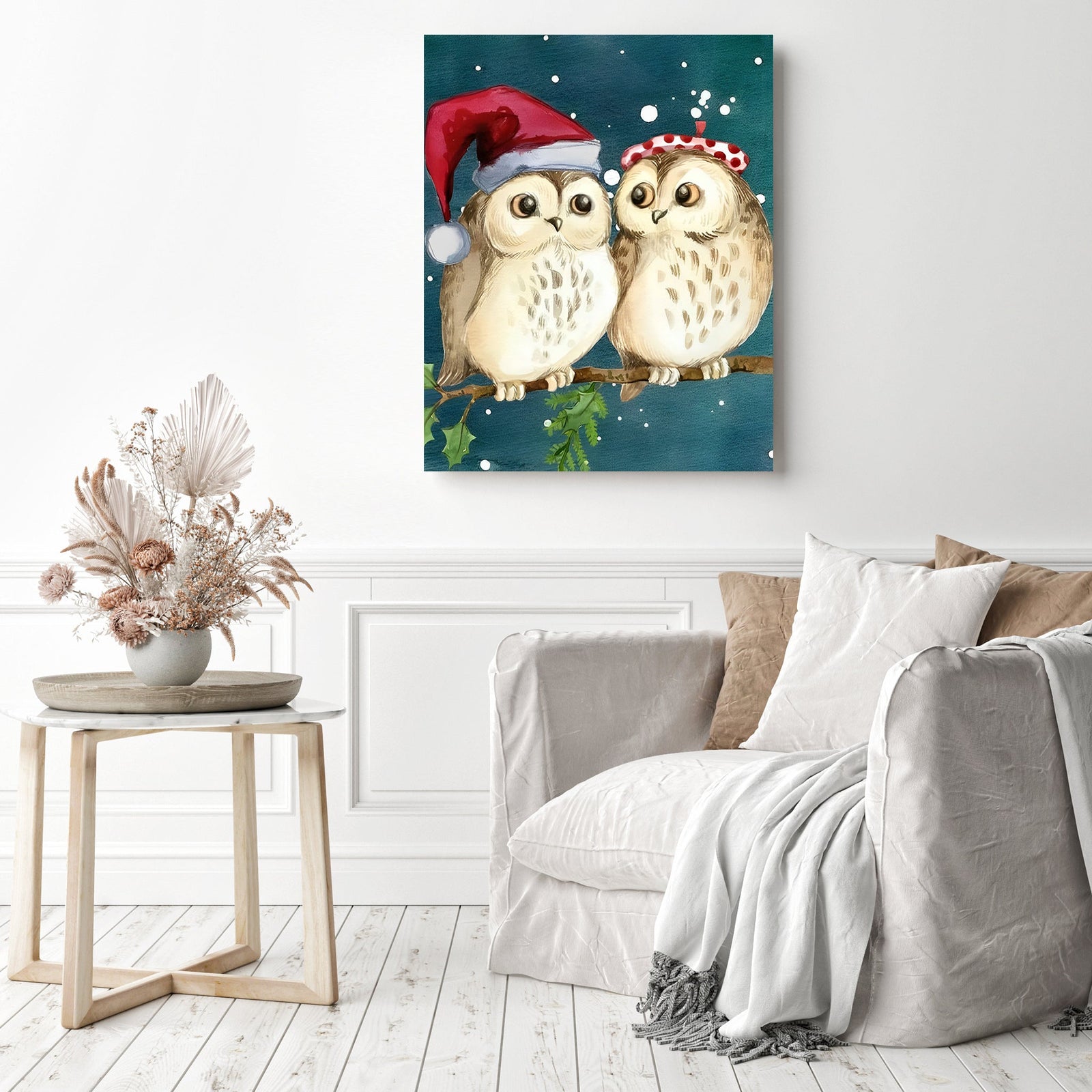 Christmas Owl Friends | Diamond Painting Displayed as Home Decor