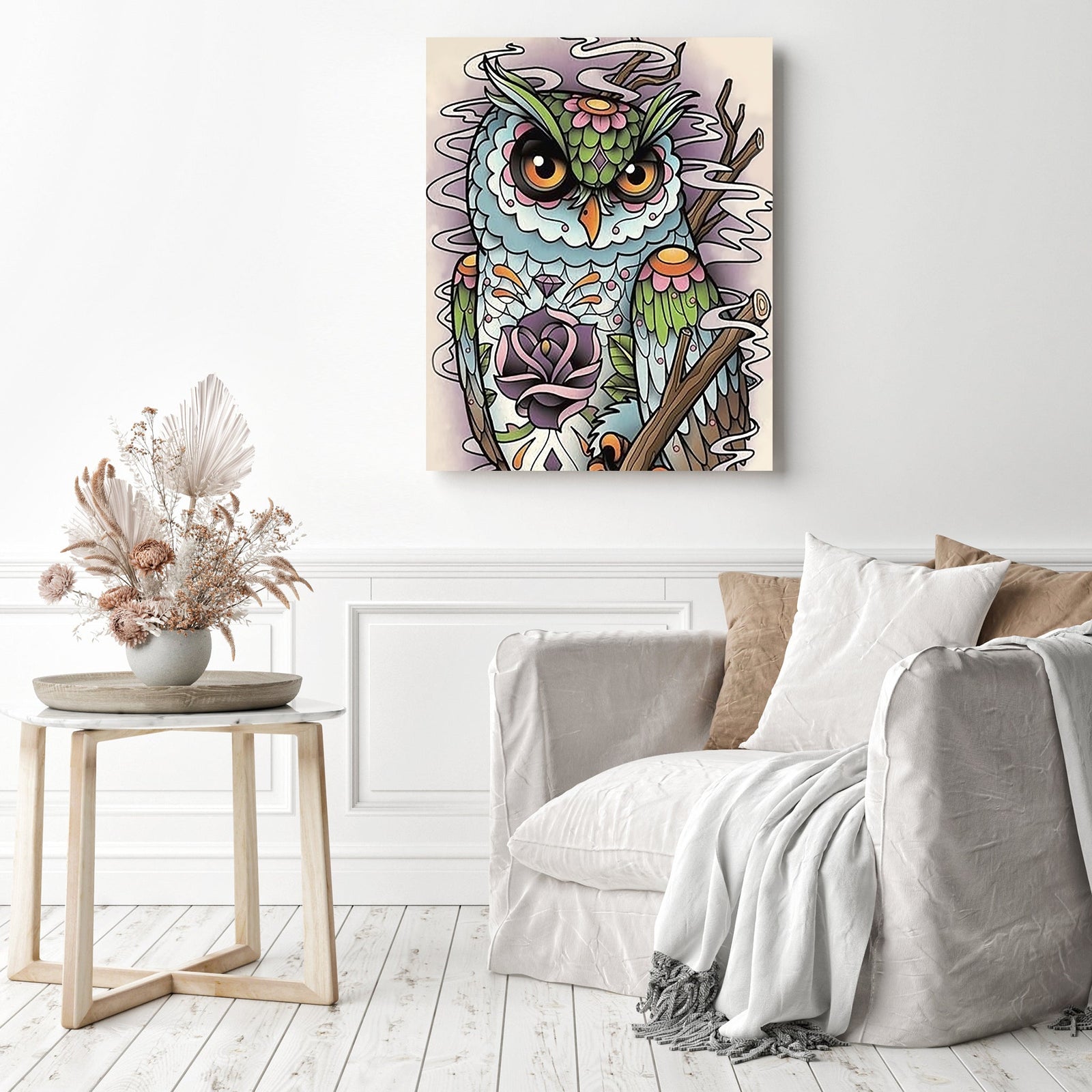 Trippy Hoot | Diamond Painting Displayed as Home Decor