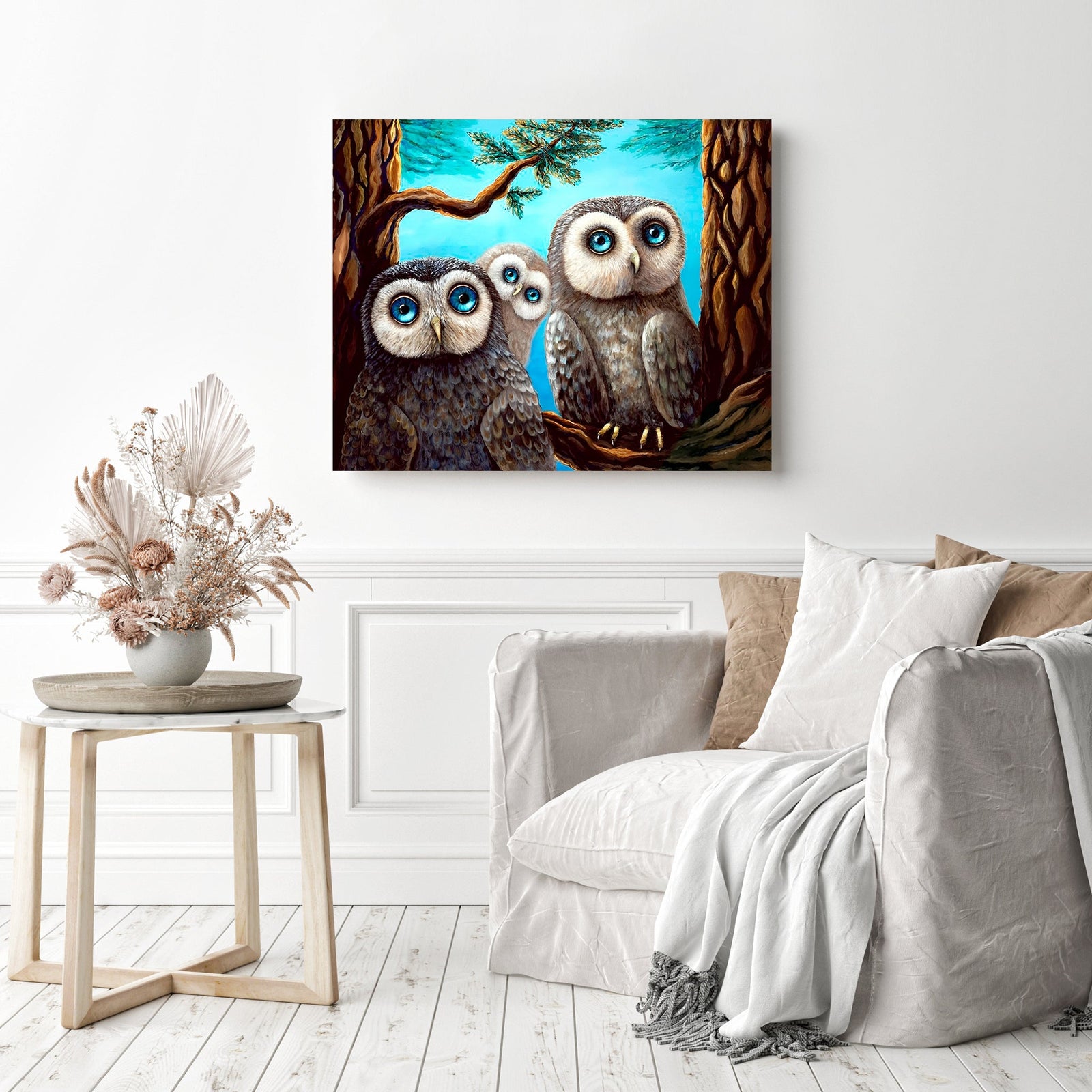 Three Little Hoots | Diamond Painting Displayed as Home Decor