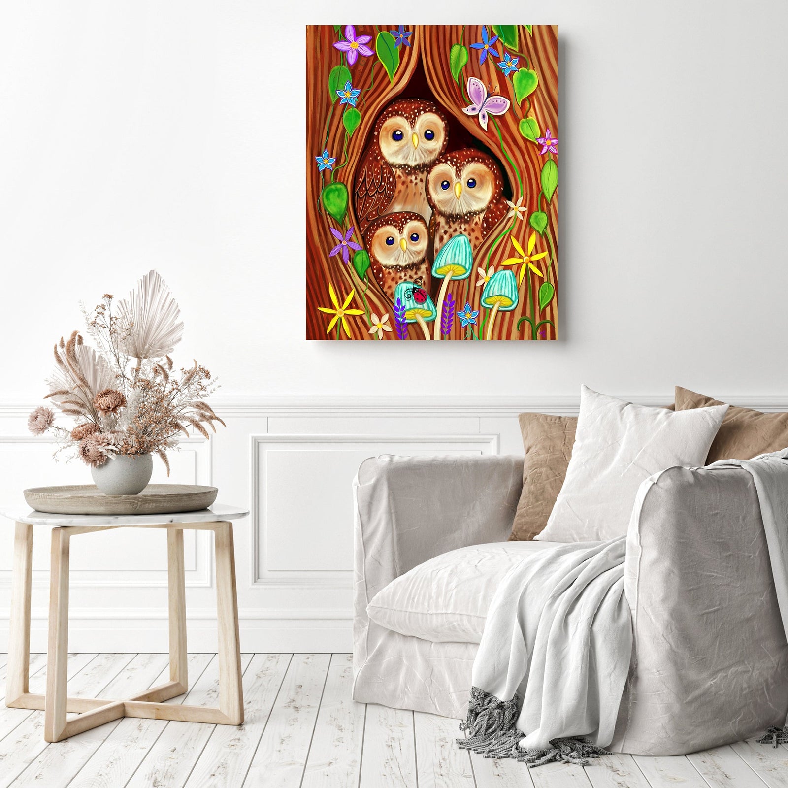 Owl Family Tree | Diamond Painting Displayed as Home Decor