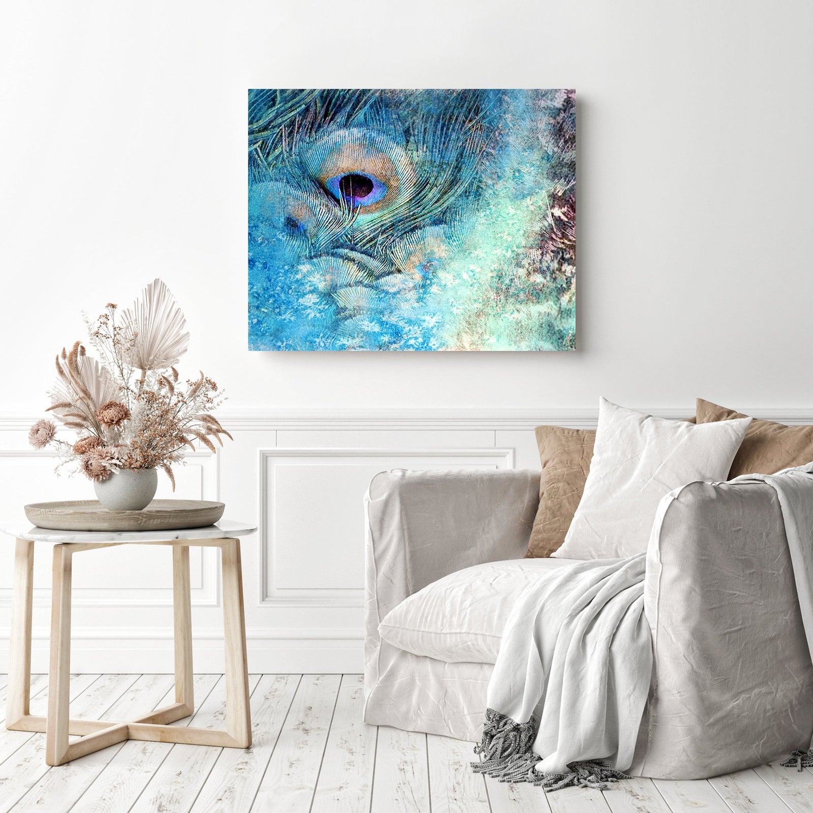 Peacock Feather Abstract | Diamond Painting Displayed as Home Decor