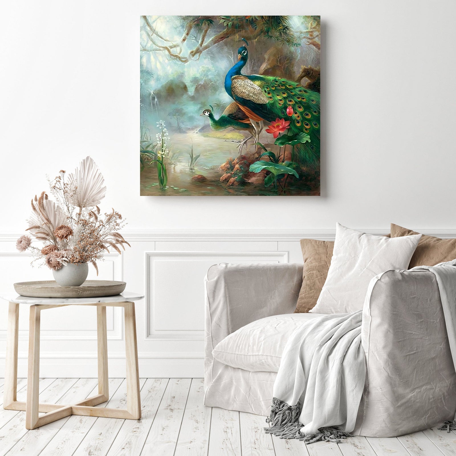 Peacocks | Diamond Painting Displayed as Home Decor