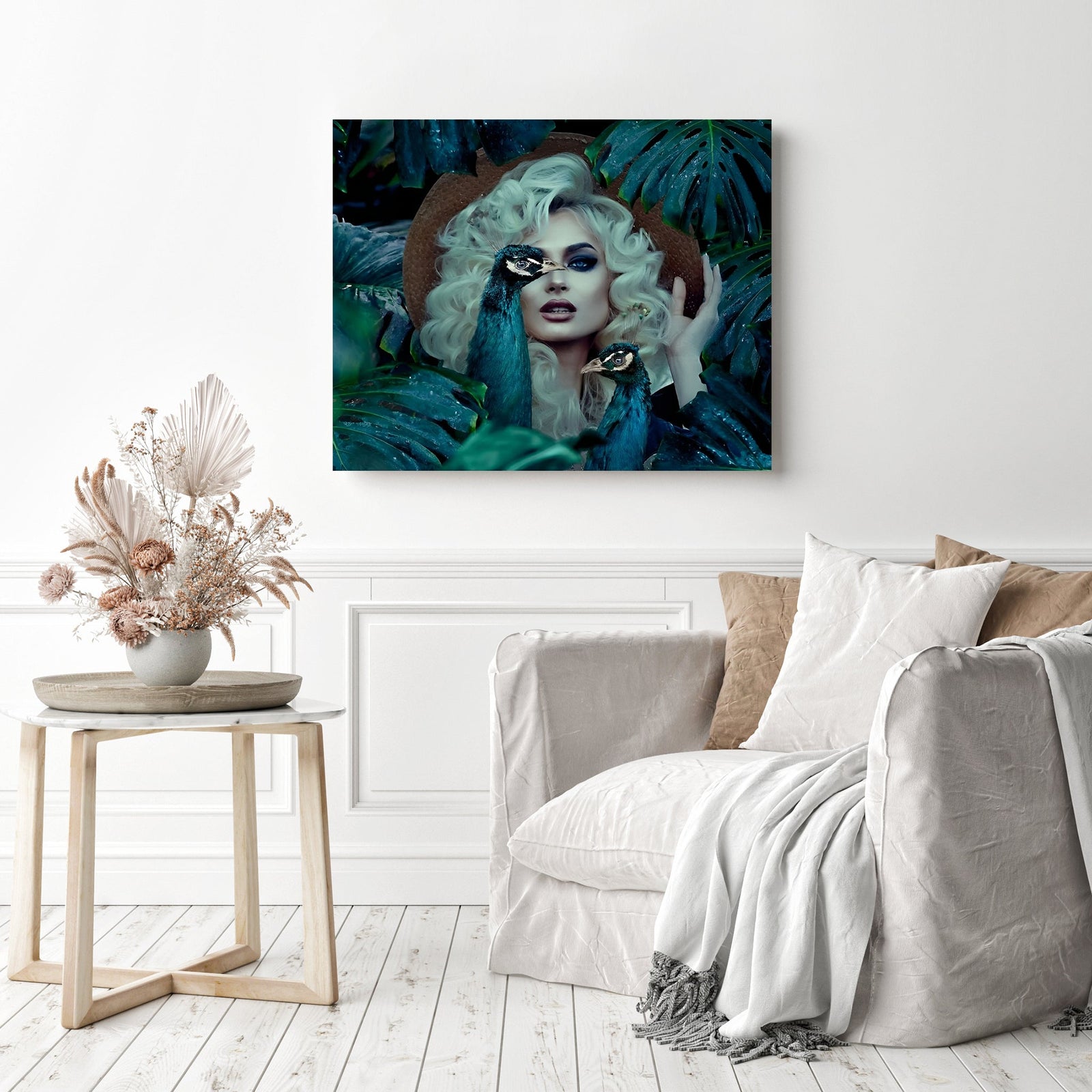 Peacock Woman Portrait | Diamond Painting Displayed as Home Decor