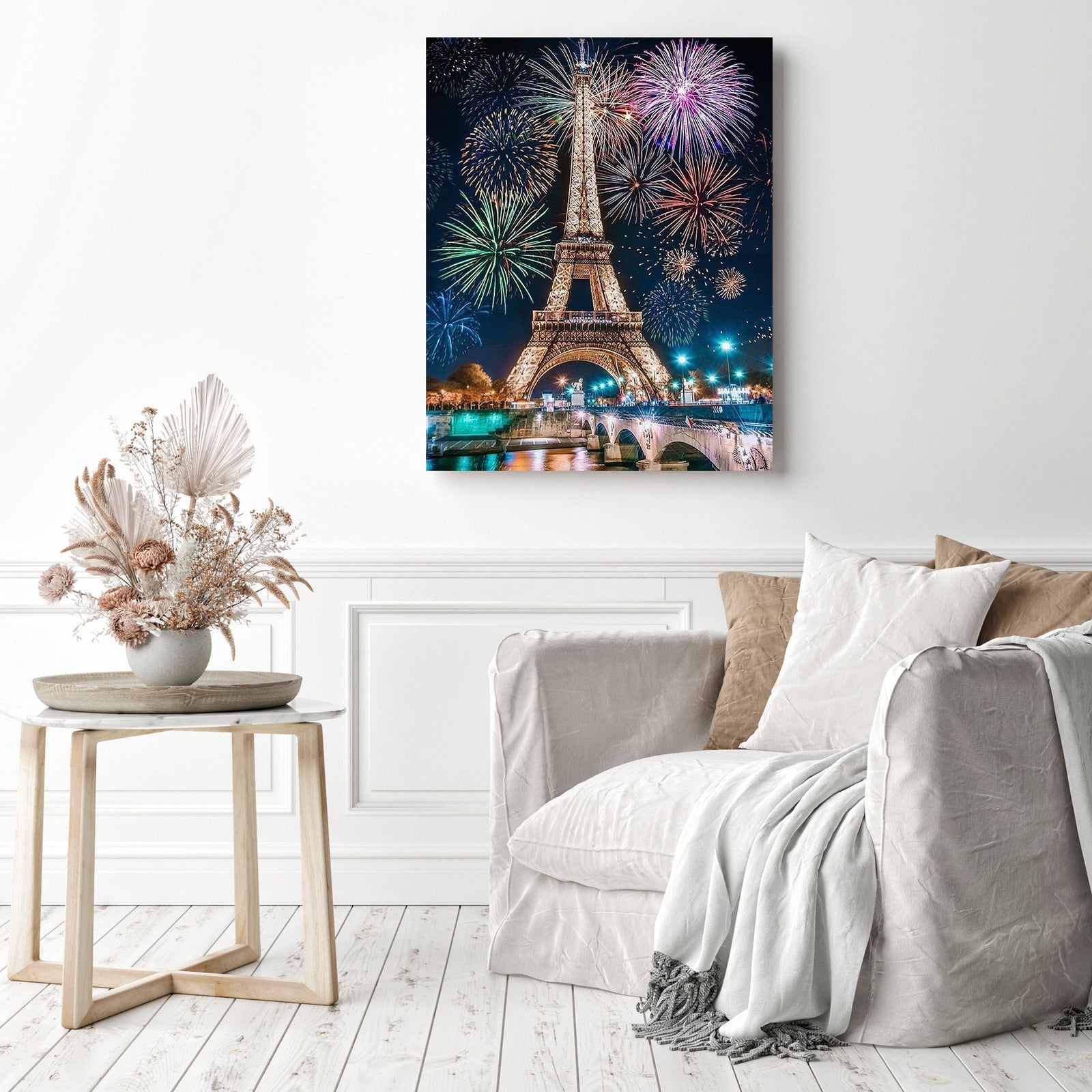 Fireworks over Eiffel Tower | Diamond Painting Displayed as Home Decor