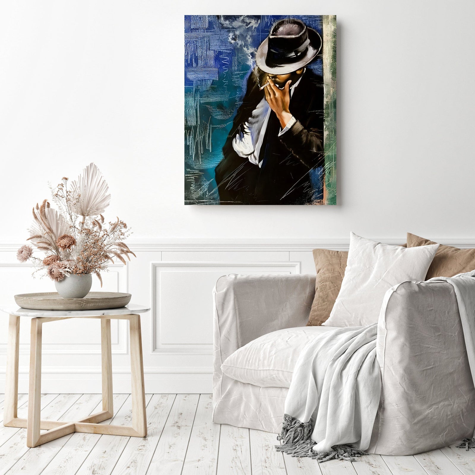 Smoking Man | Diamond Painting Displayed as Home Decor