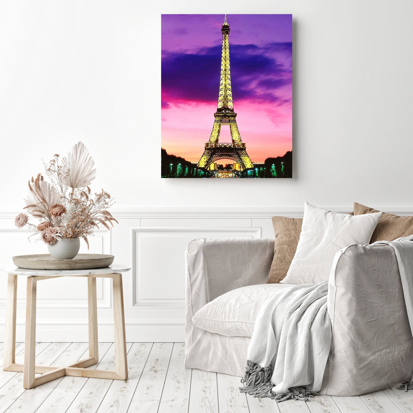 Eiffle under Purple Sky | Diamond Painting Displayed as Home Decor