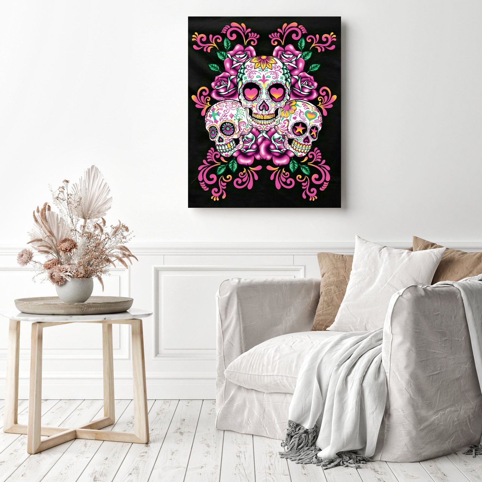 Floral Sugar Skull | Diamond Painting Displayed as Home Decor