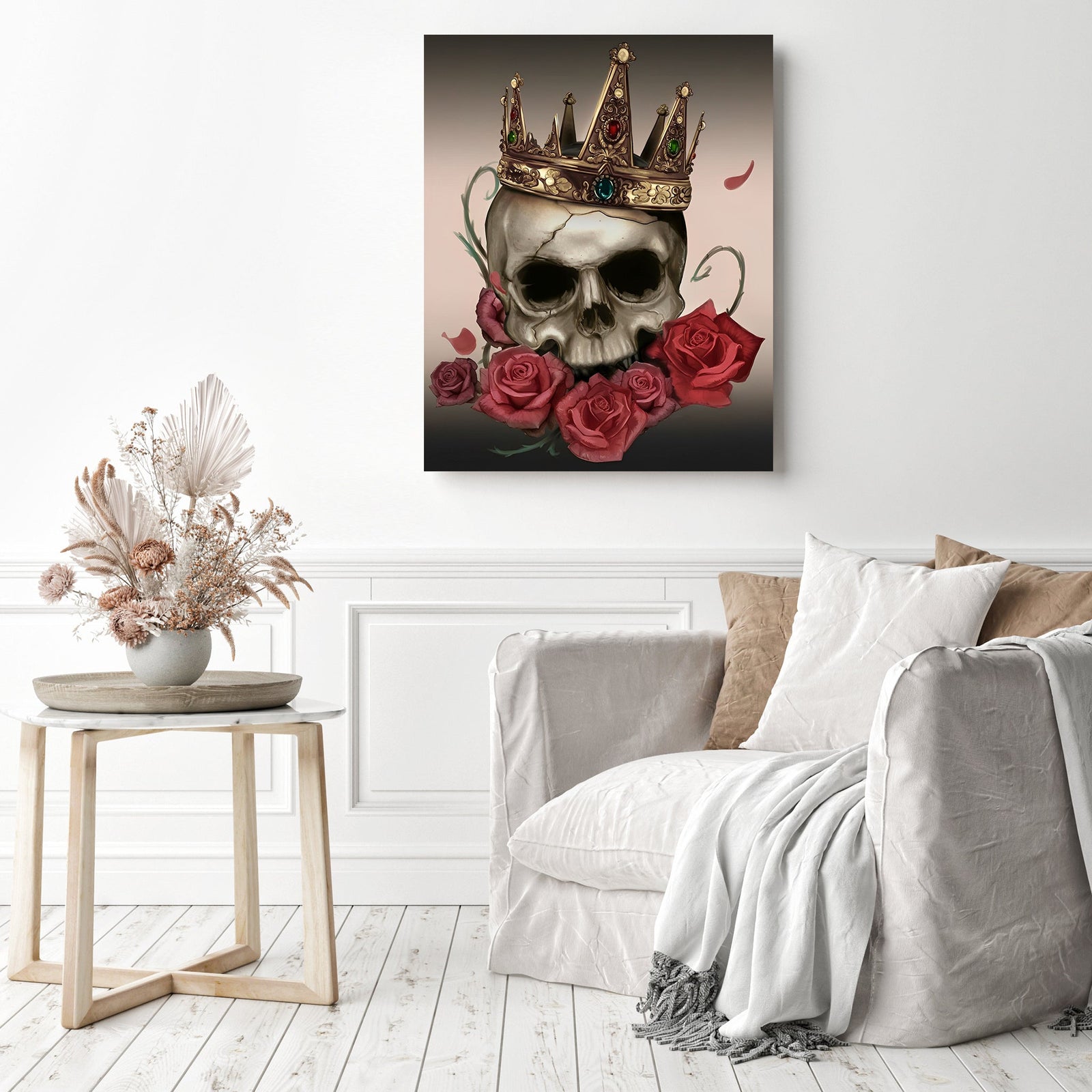 Crowned Skull and Roses | Diamond Painting Displayed as Home Decor