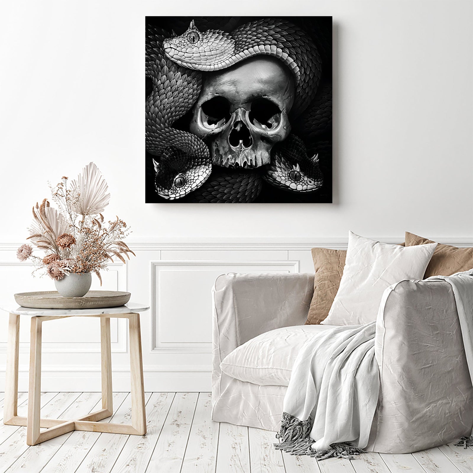 Serpents and Skull | Diamond Painting Displayed as Home Decor