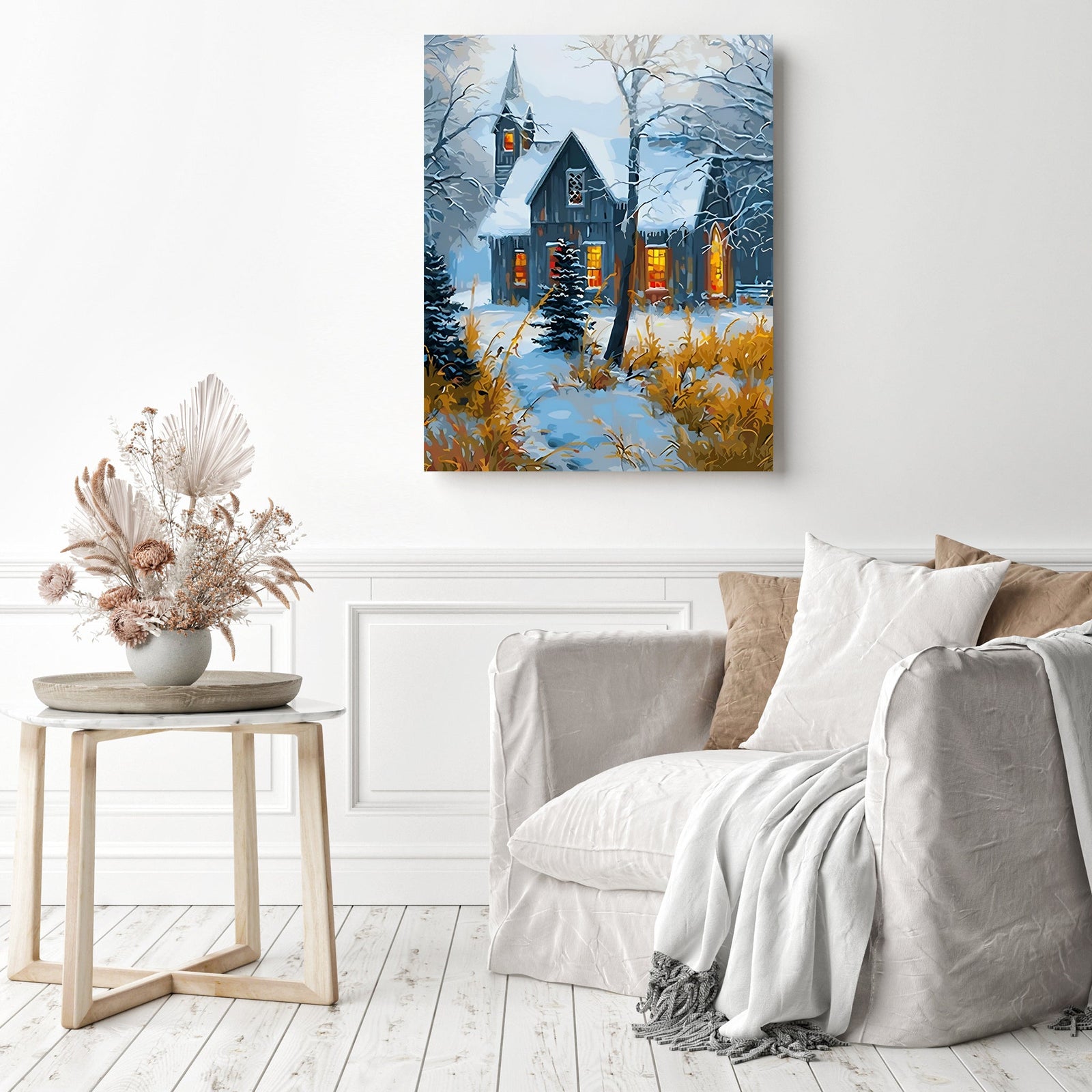 Church in Trees and Snow | Diamond Painting Displayed as Home Decor