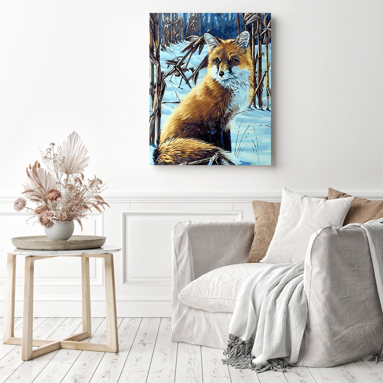 Fox in the Snow | Diamond Painting Displayed as Home Decor