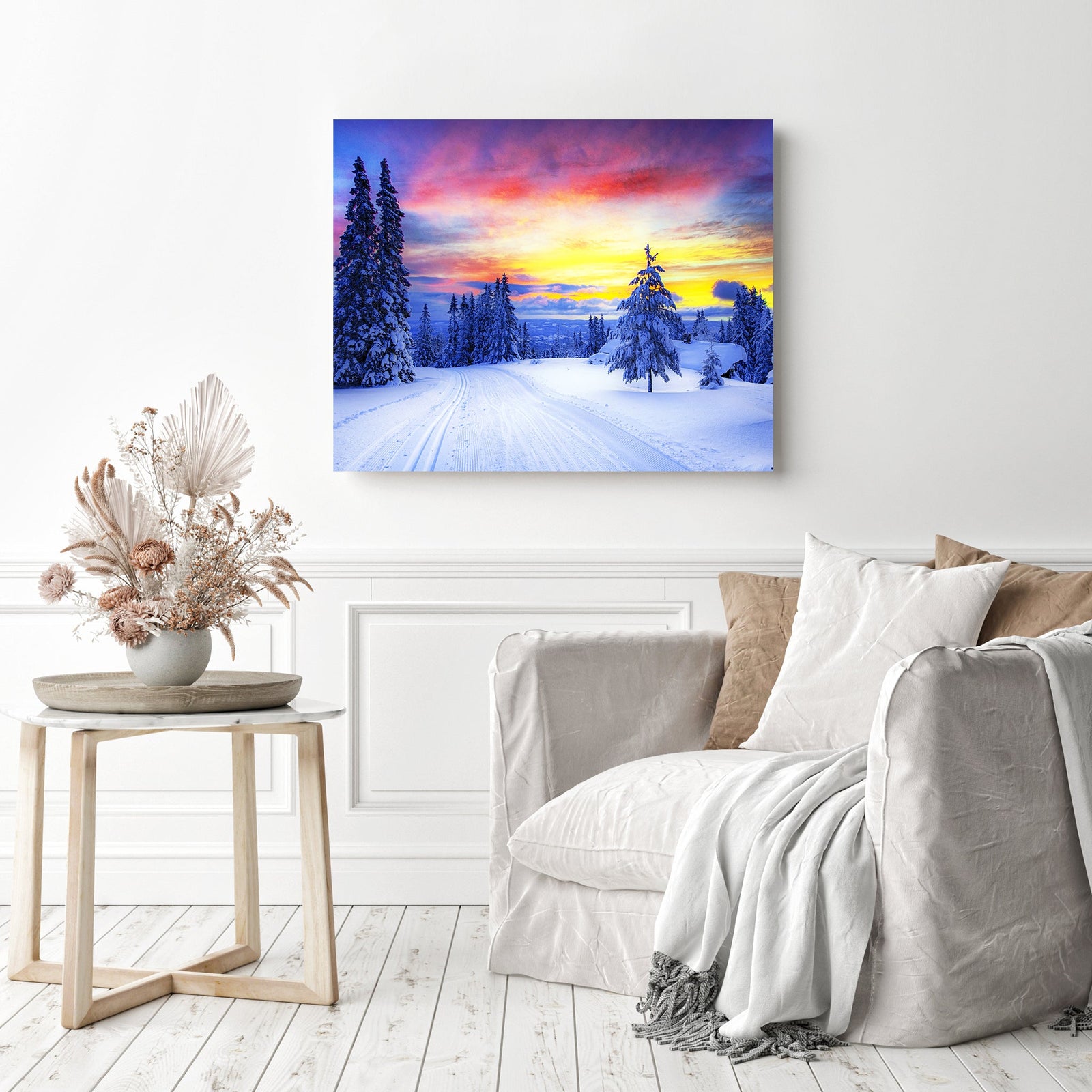 Winter and Sunset | Diamond Painting Displayed as Home Decor