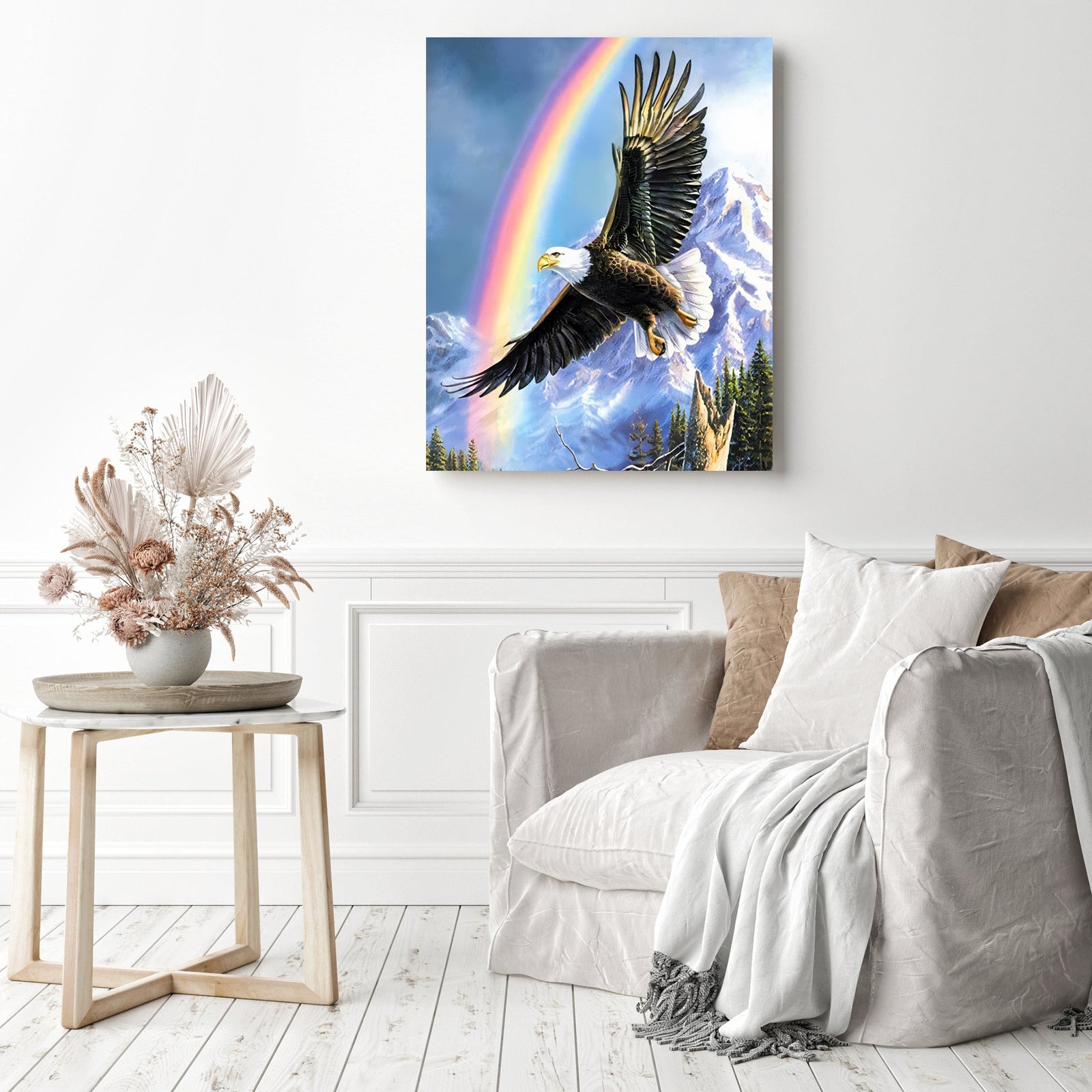 Flying Eagle Under Rainbow | Diamond Painting Displayed as Home Decor