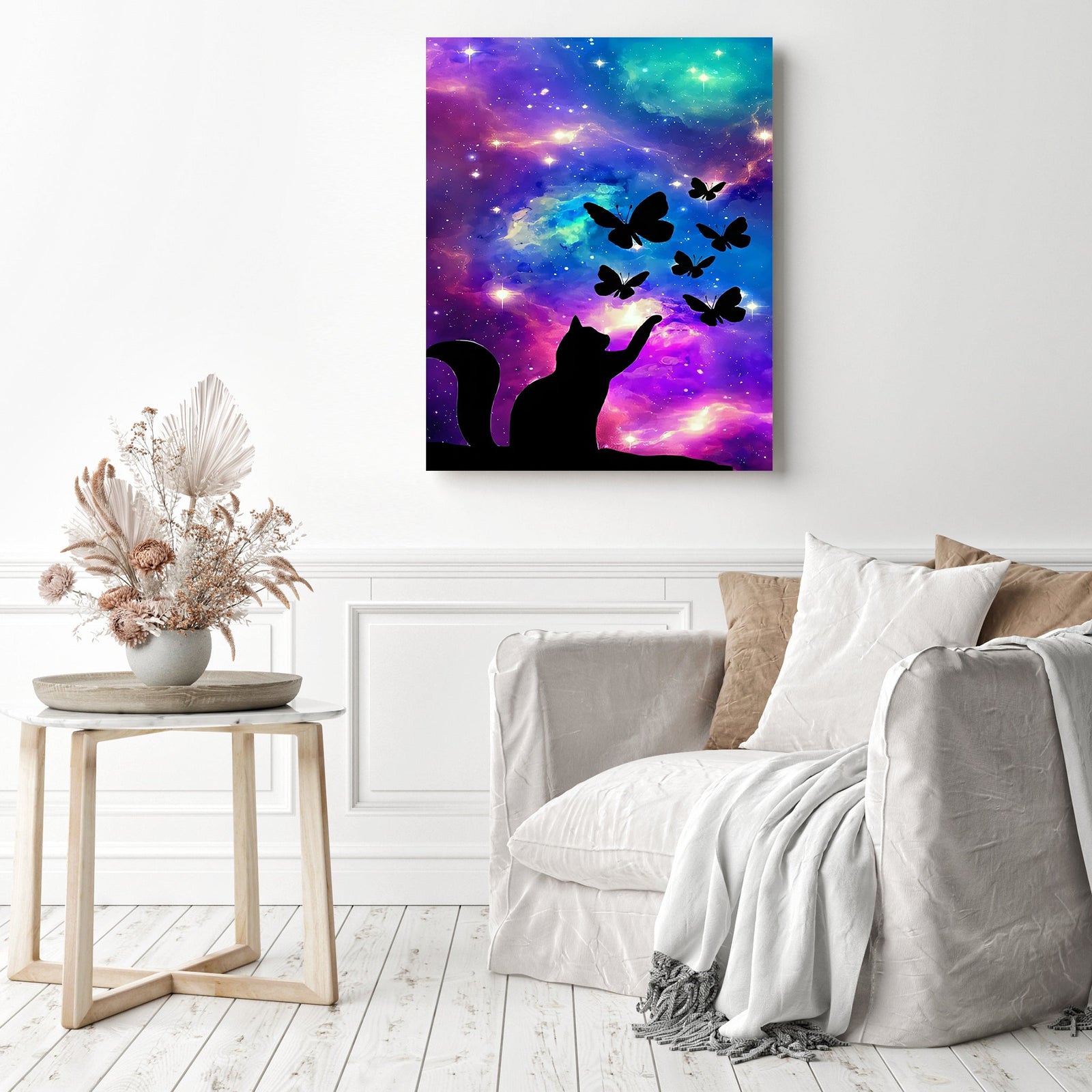 Cat Under Starry Galaxy | Diamond Painting Displayed as Home Decor