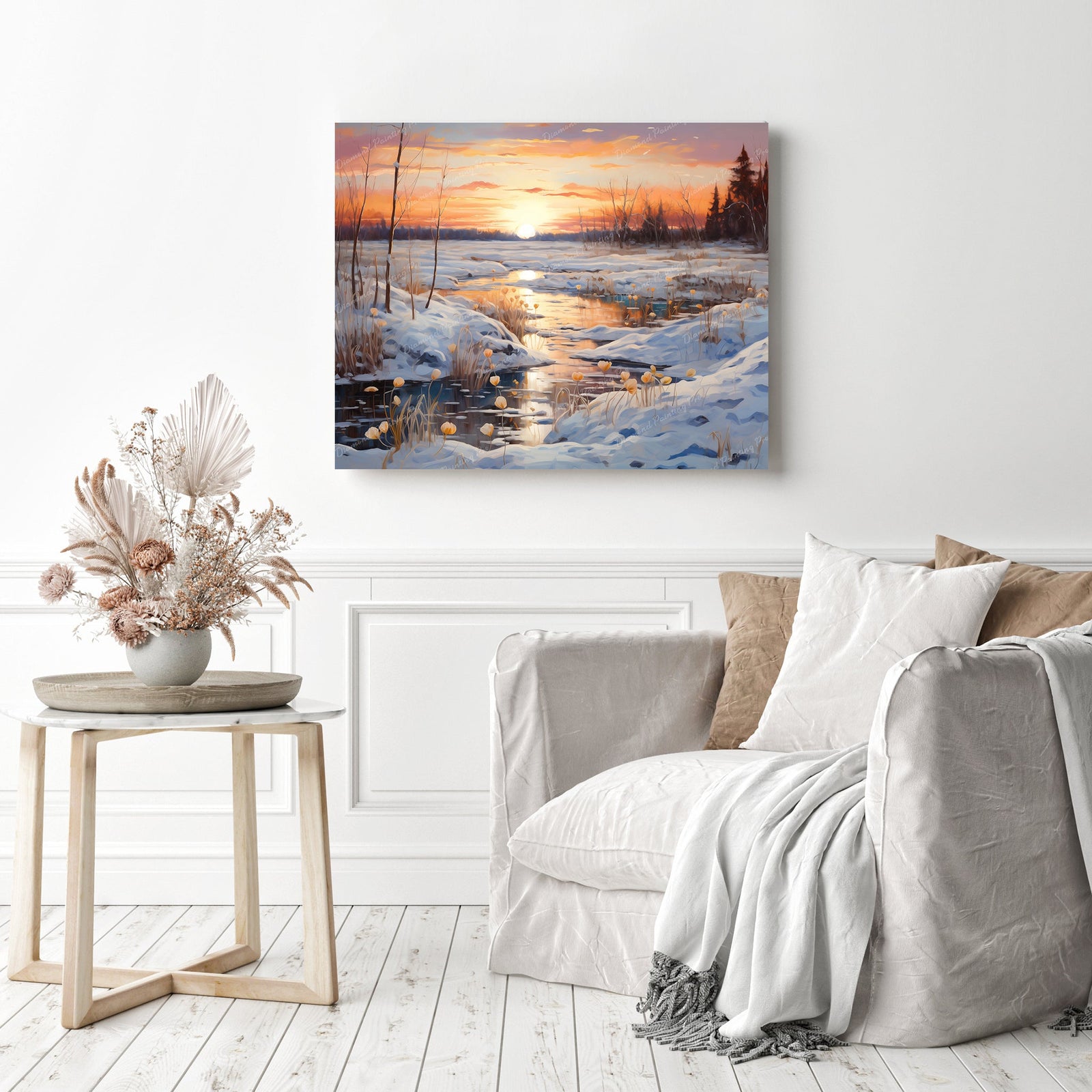 Snowy Creek Dawn | Diamond Painting Displayed as Home Decor