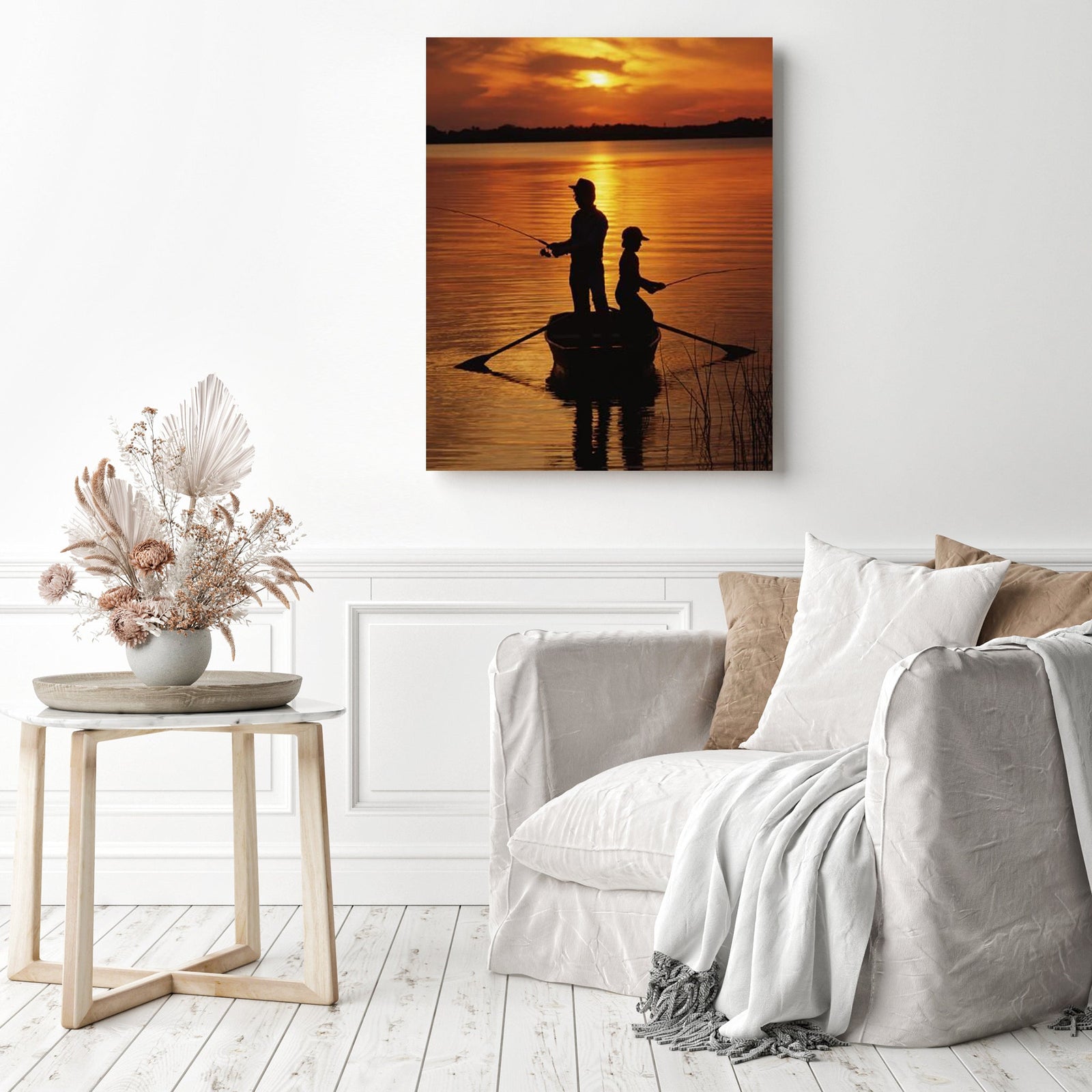 Father and Son Fishing Silhouette | Diamond Painting Displayed as Home Decor