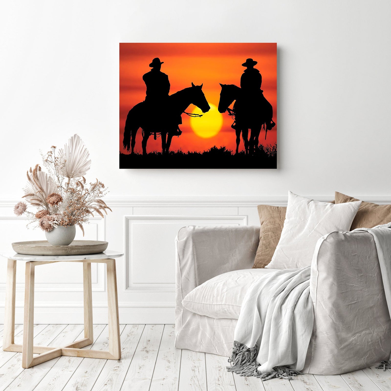 Cowboys Silhouette Sunset | Diamond Painting Displayed as Home Decor