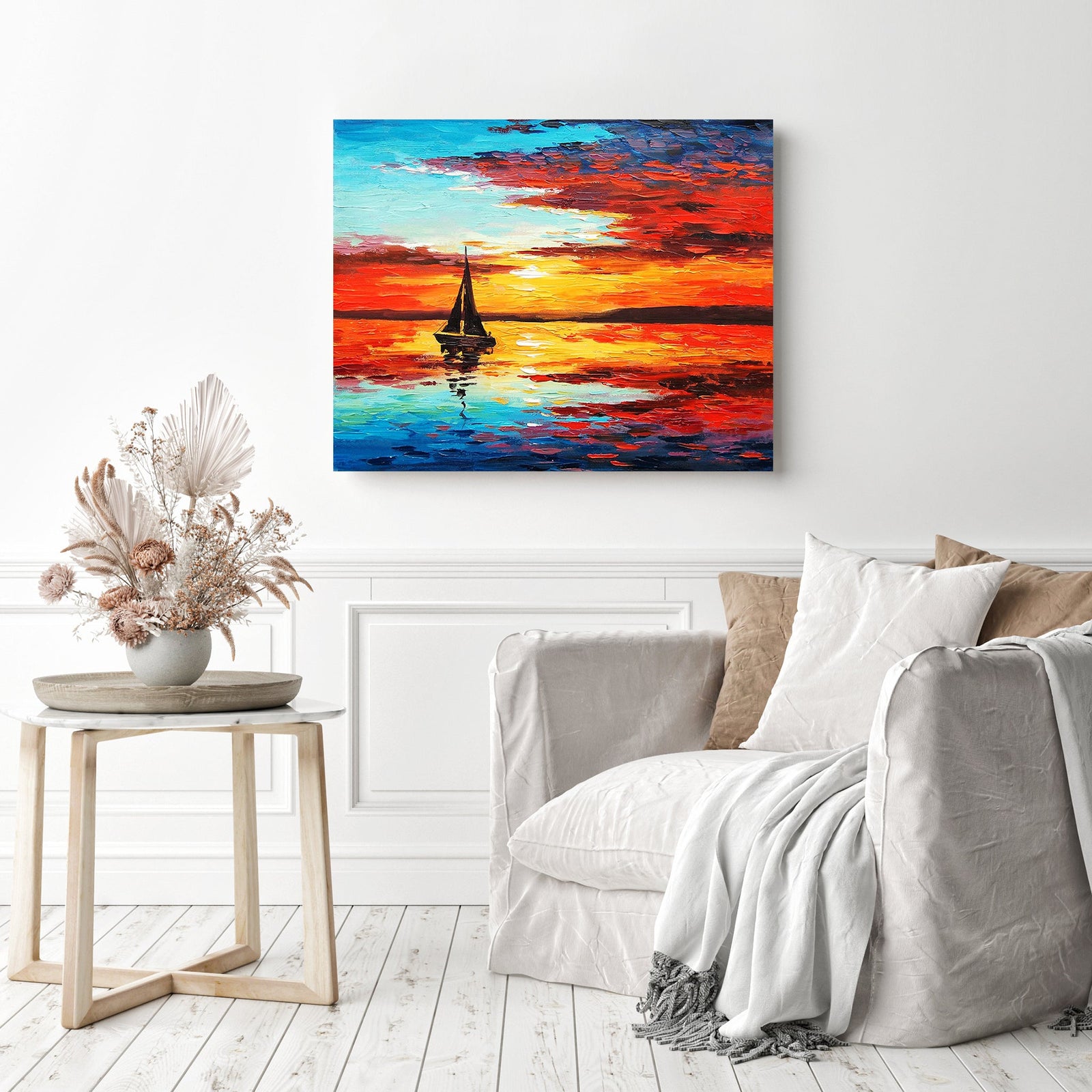 Sunset Sailboat | Diamond Painting Displayed as Home Decor