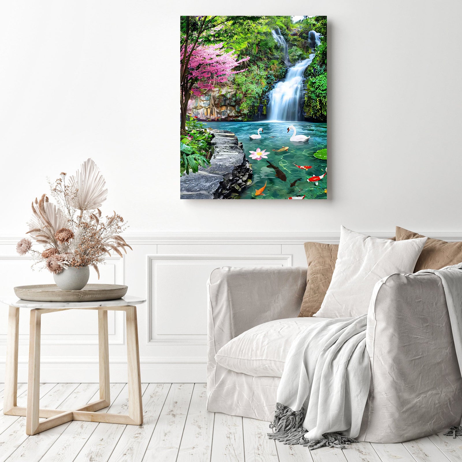 Swans and Waterfall | Diamond Painting Displayed as Home Decor