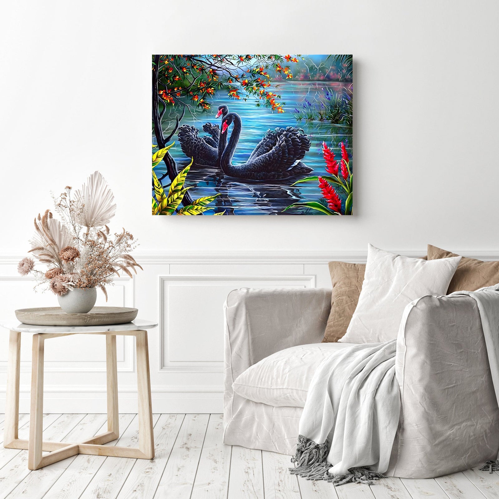 Black Swans | Diamond Painting Displayed as Home Decor