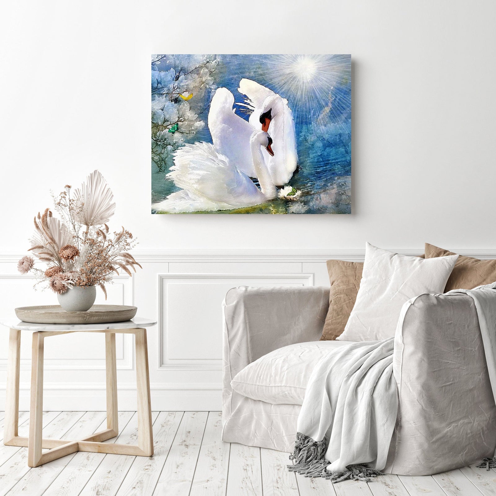 Swans Dreamy Embrace | Diamond Painting Displayed as Home Decor