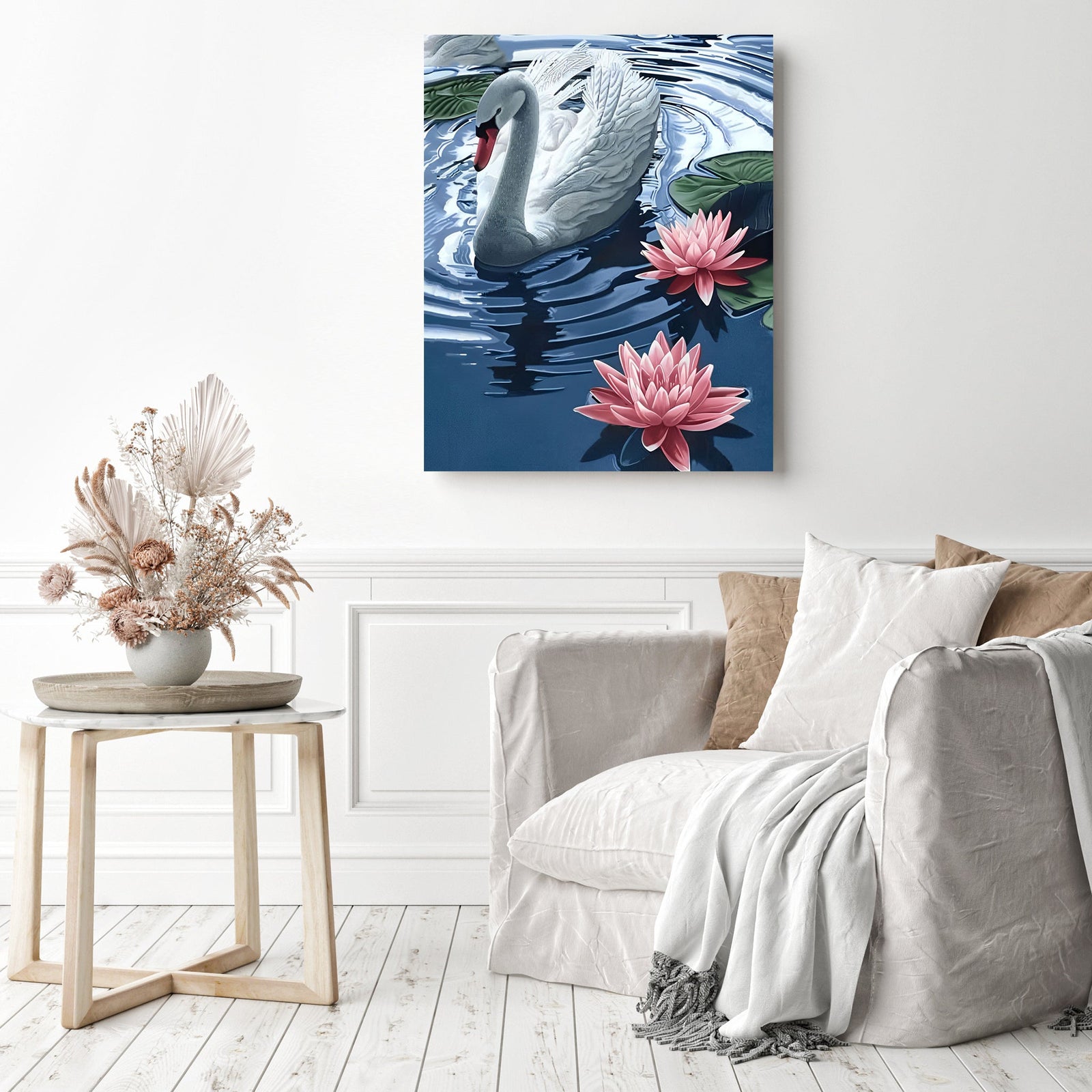 Swans and Lotus | Diamond Painting Displayed as Home Decor