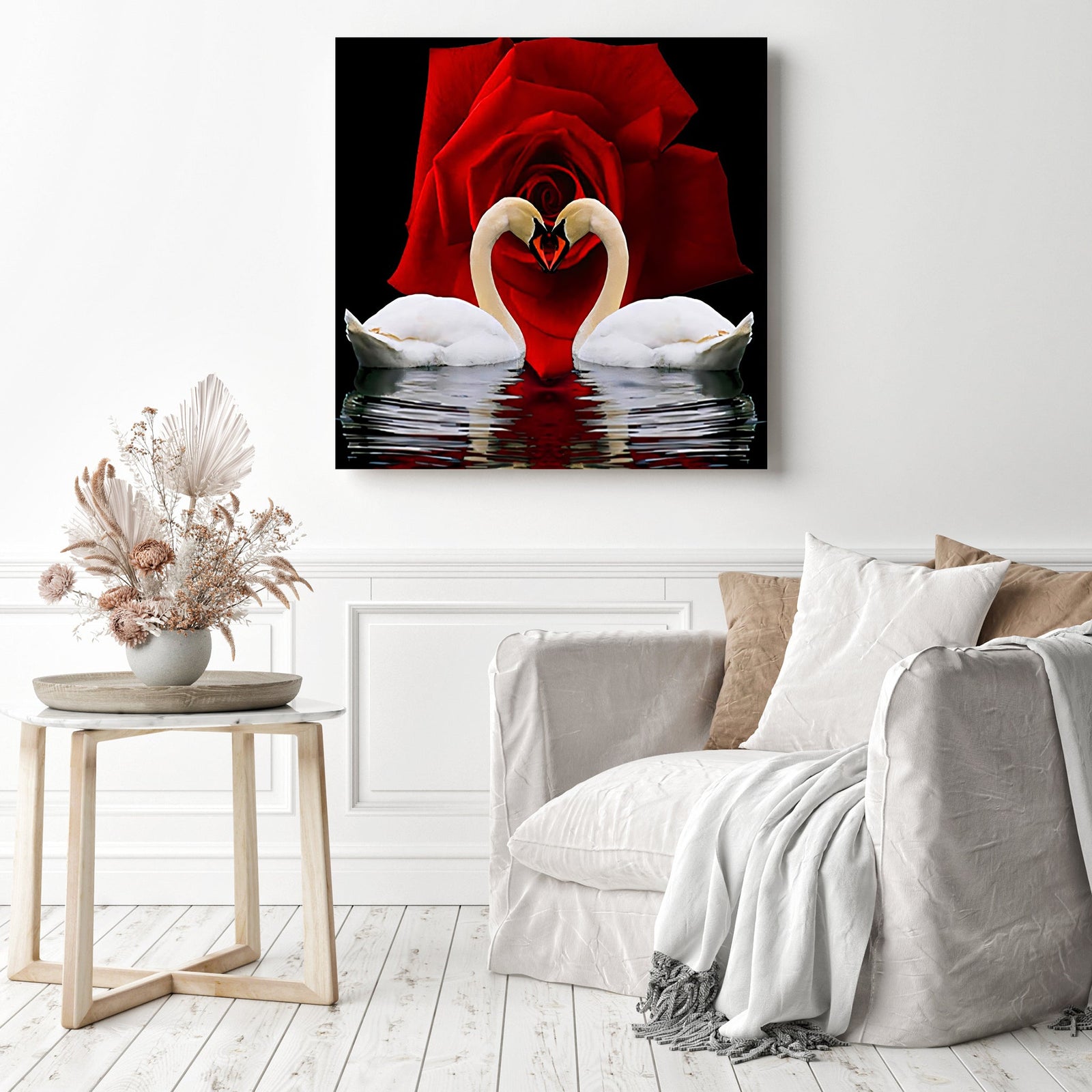 Swans Enchanted Love | Diamond Painting Displayed as Home Decor