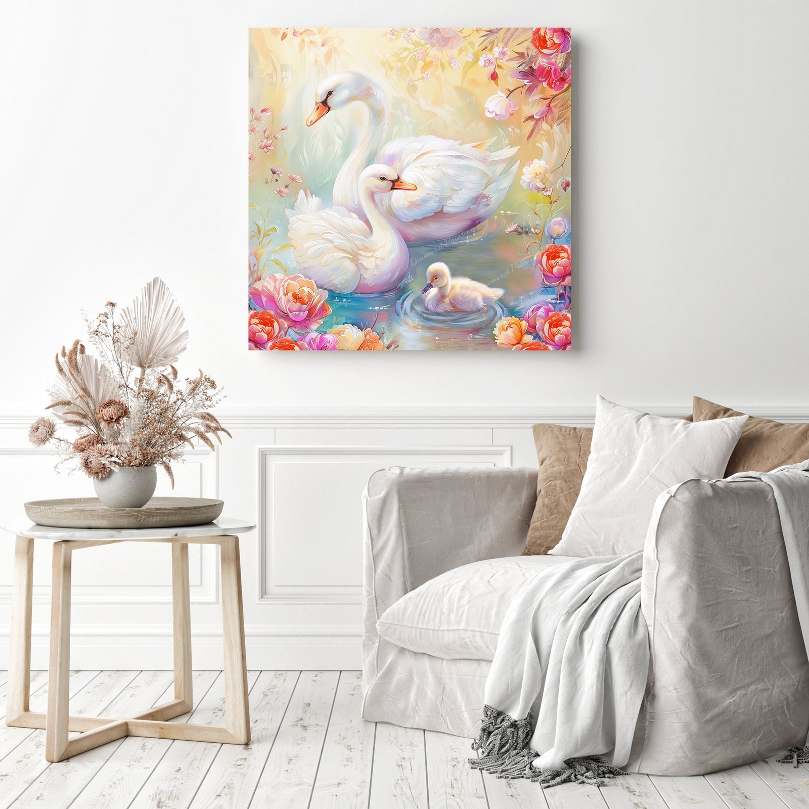 Swan Family Grace | Diamond Painting Displayed as Home Decor