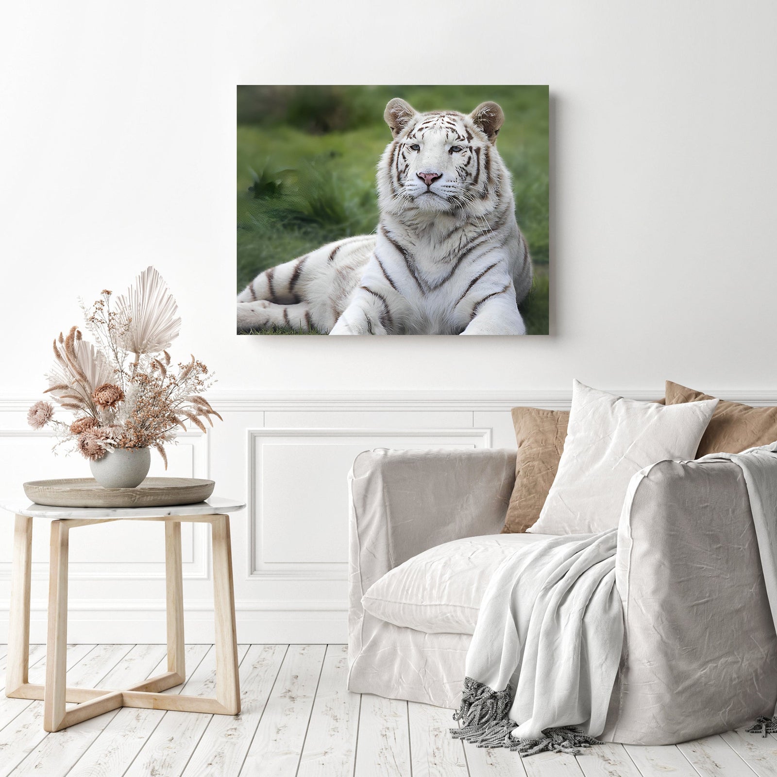 White Tiger Resting | Diamond Painting Displayed as Home Decor