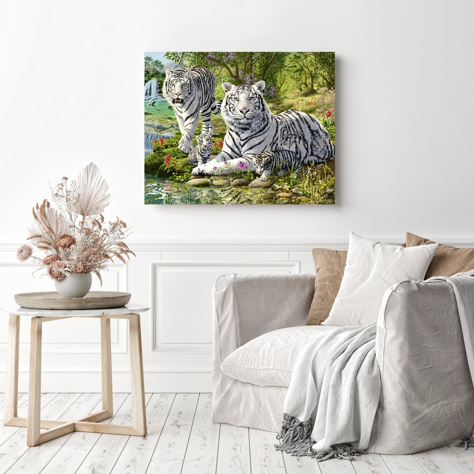 White Tiger Family | Diamond Painting Displayed as Home Decor