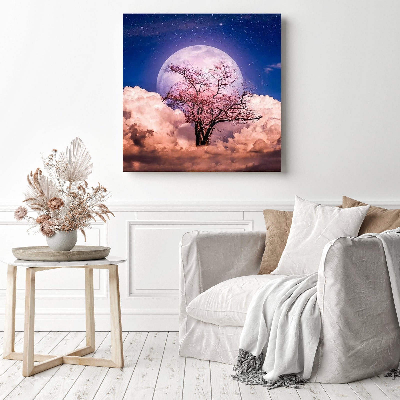 Blossoms and Moon | Diamond Painting Displayed as Home Decor