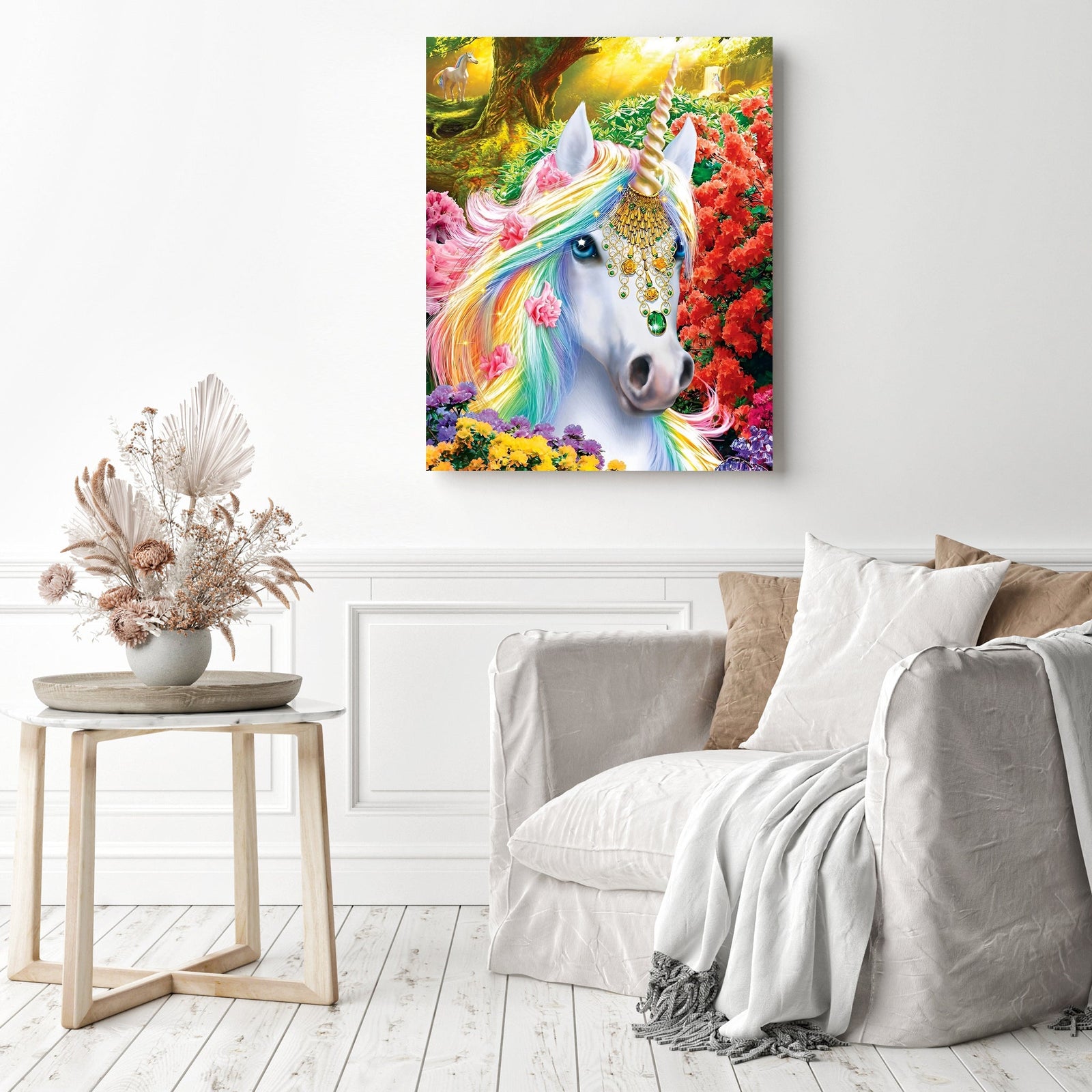 Unicorn Among Flowers | Diamond Painting Displayed as Home Decor