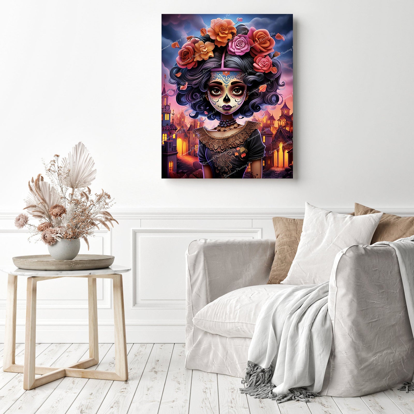 Floral Fiesta Maiden | Diamond Painting Displayed as Home Decor