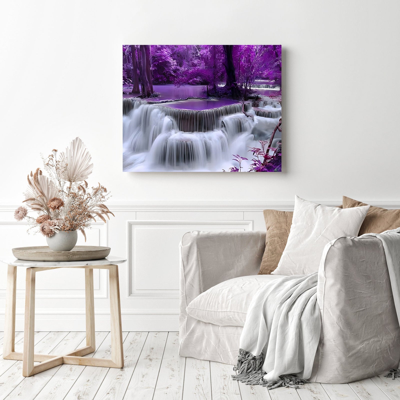 Purple Waterfall | Diamond Painting Displayed as Home Decor