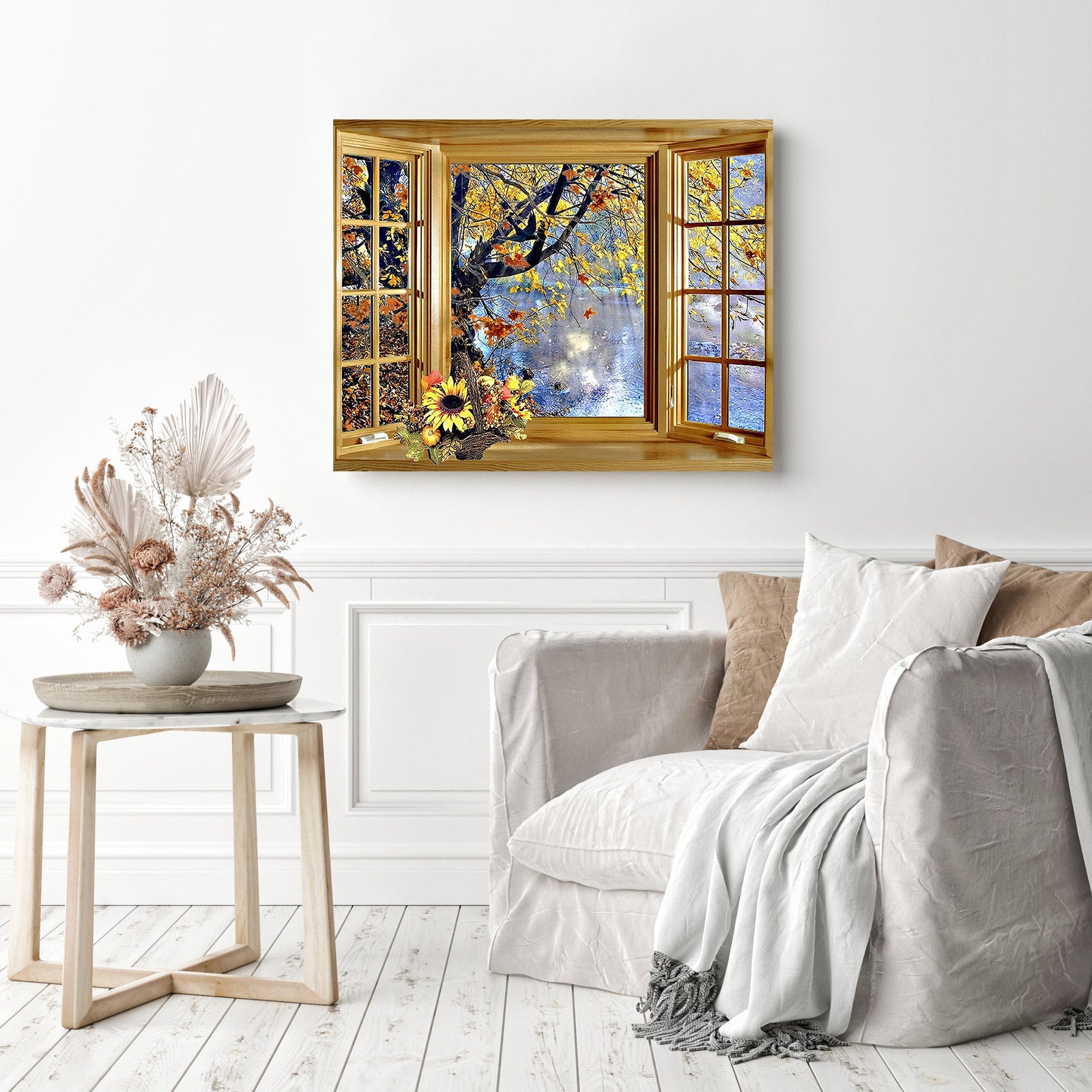 Autumn Through Window | Diamond Painting Displayed as Home Decor