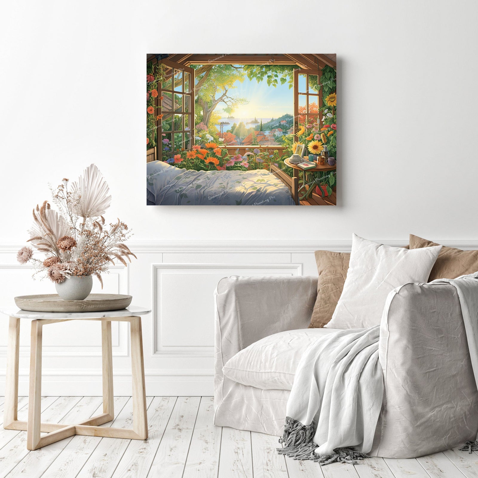 Bedroom Sunrise Haven | Diamond Painting Displayed as Home Decor