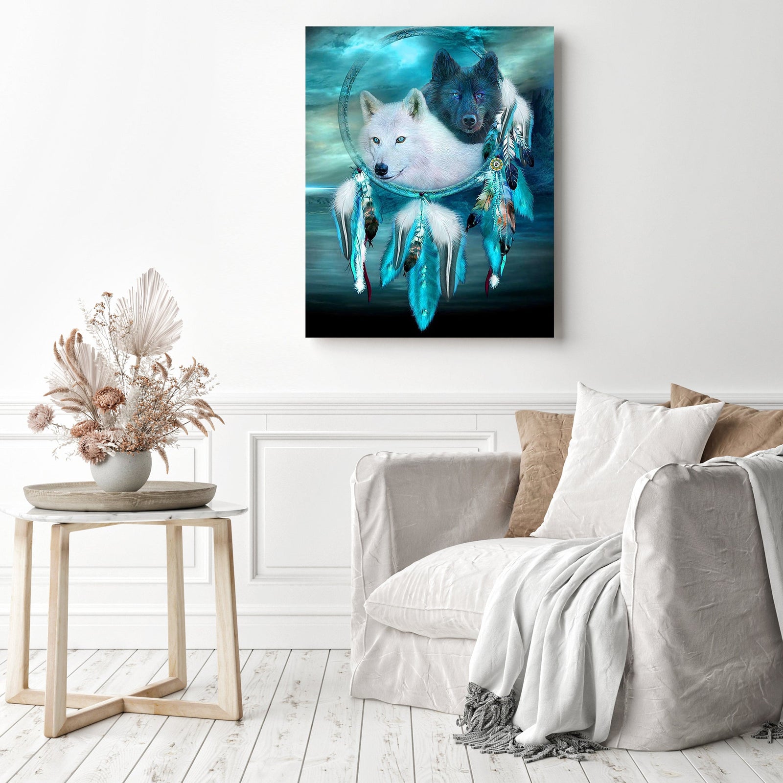 Black and White Wolf Dream Catcher | Diamond Painting Displayed as Home Decor