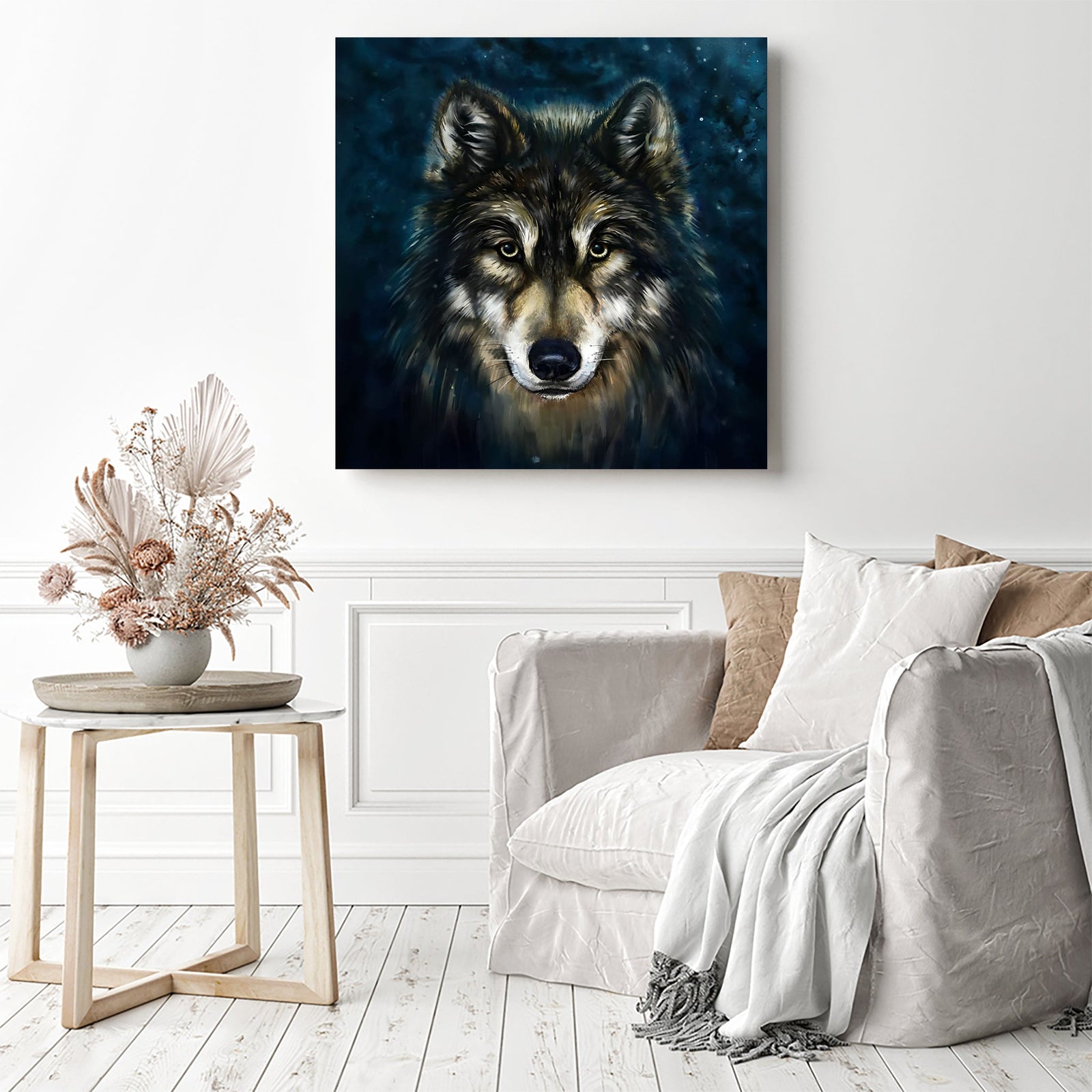 Grey Wolf Close Up | Diamond Painting Displayed as Home Decor