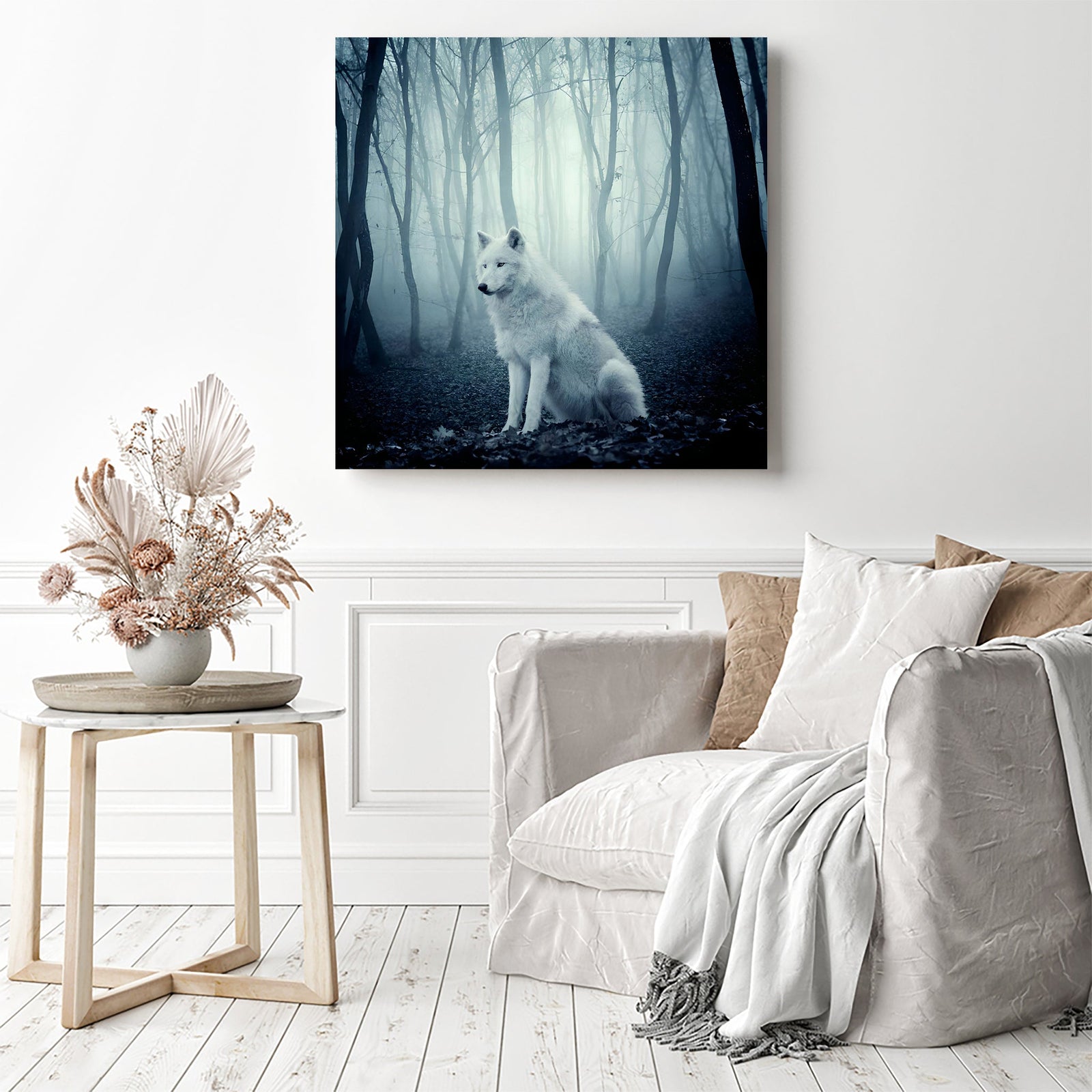 White Wolf in Forest | Diamond Painting Displayed as Home Decor