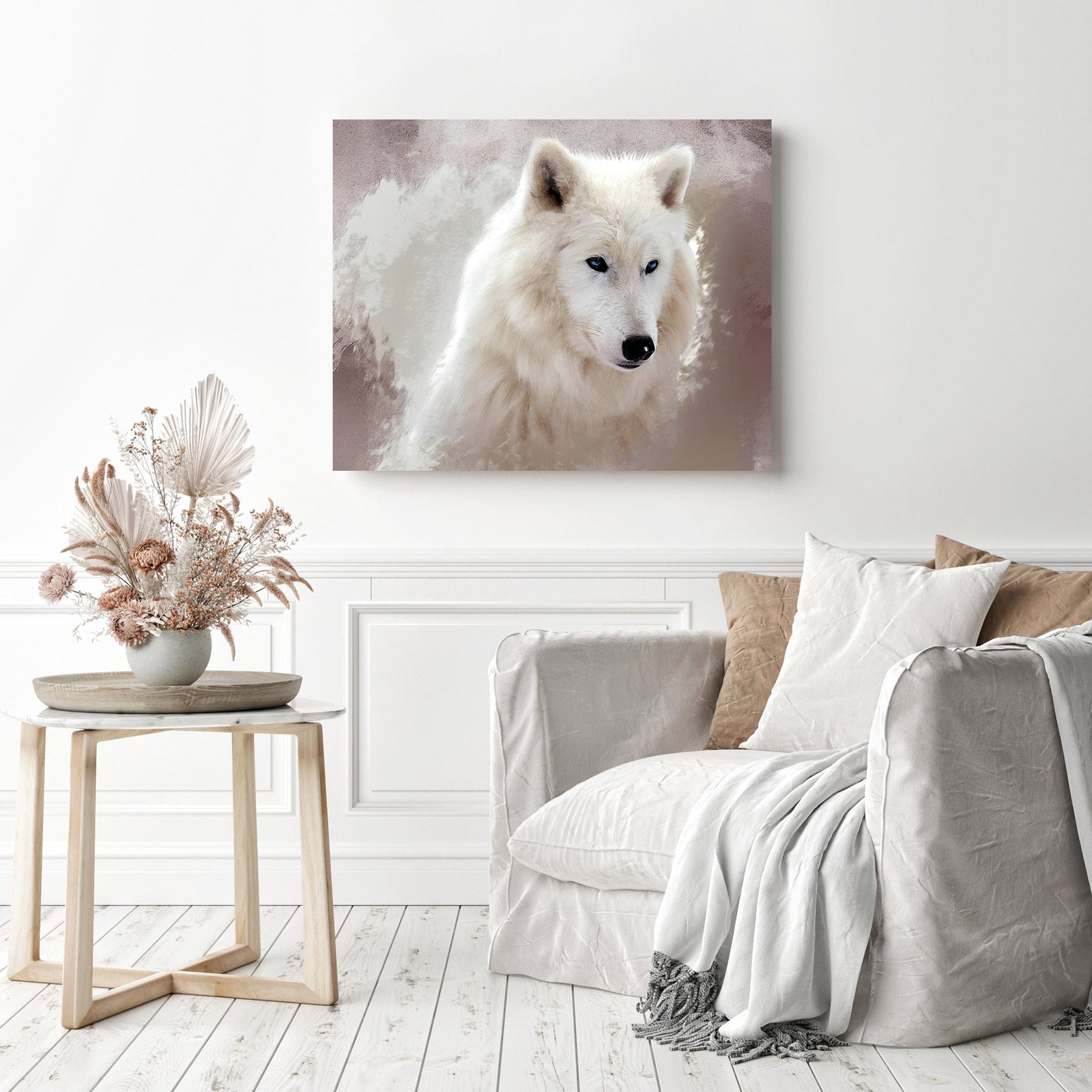 White Wolf Close-up | Diamond Painting Displayed as Home Decor